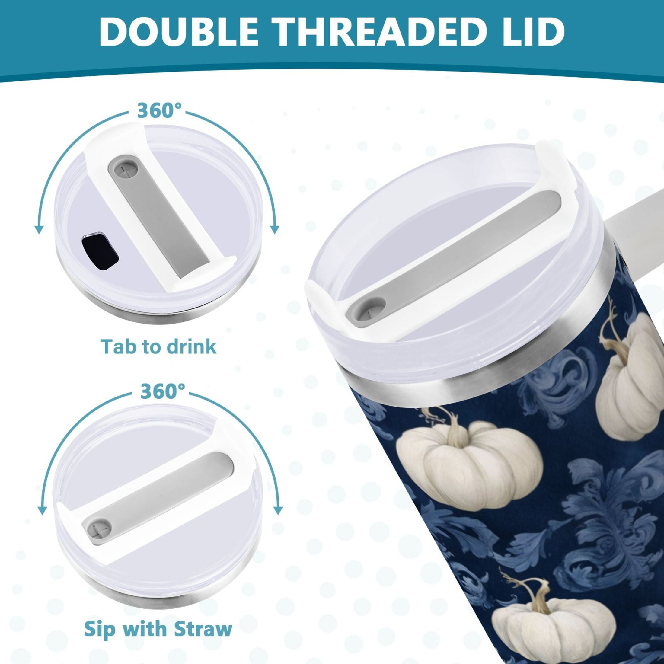30 oz Insulated Stainless Steel Tumbler Double Wall Stainless Steel Tumbler with 2-Way Drinking Watercolor White Pumpkins M446B