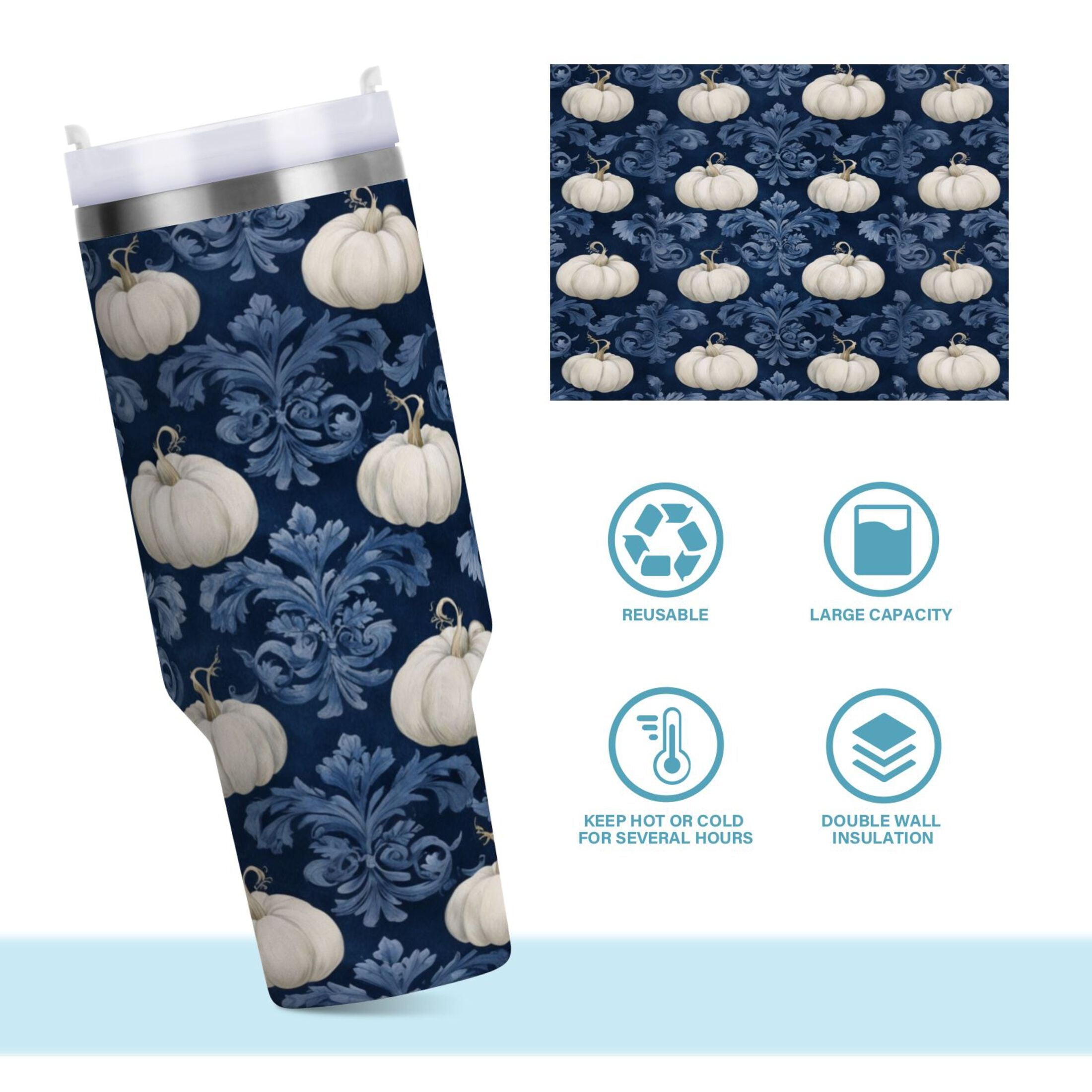 30 oz Insulated Stainless Steel Tumbler Double Wall Stainless Steel Tumbler with 2-Way Drinking Watercolor White Pumpkins M446B