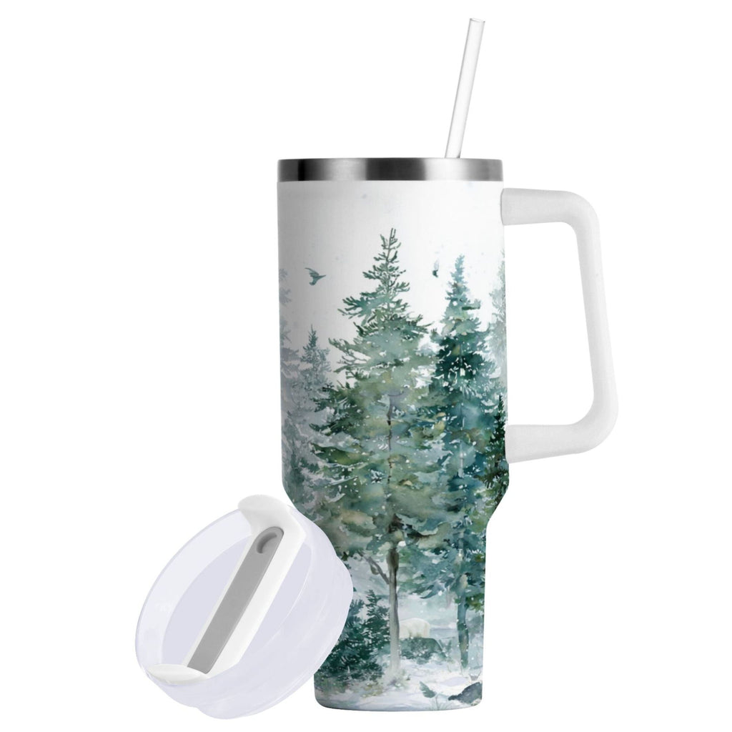 30 oz Insulated Stainless Steel Tumbler Double Wall Stainless Steel Tumbler with 2-Way Drinking Green Snowy Forest Scene M455F