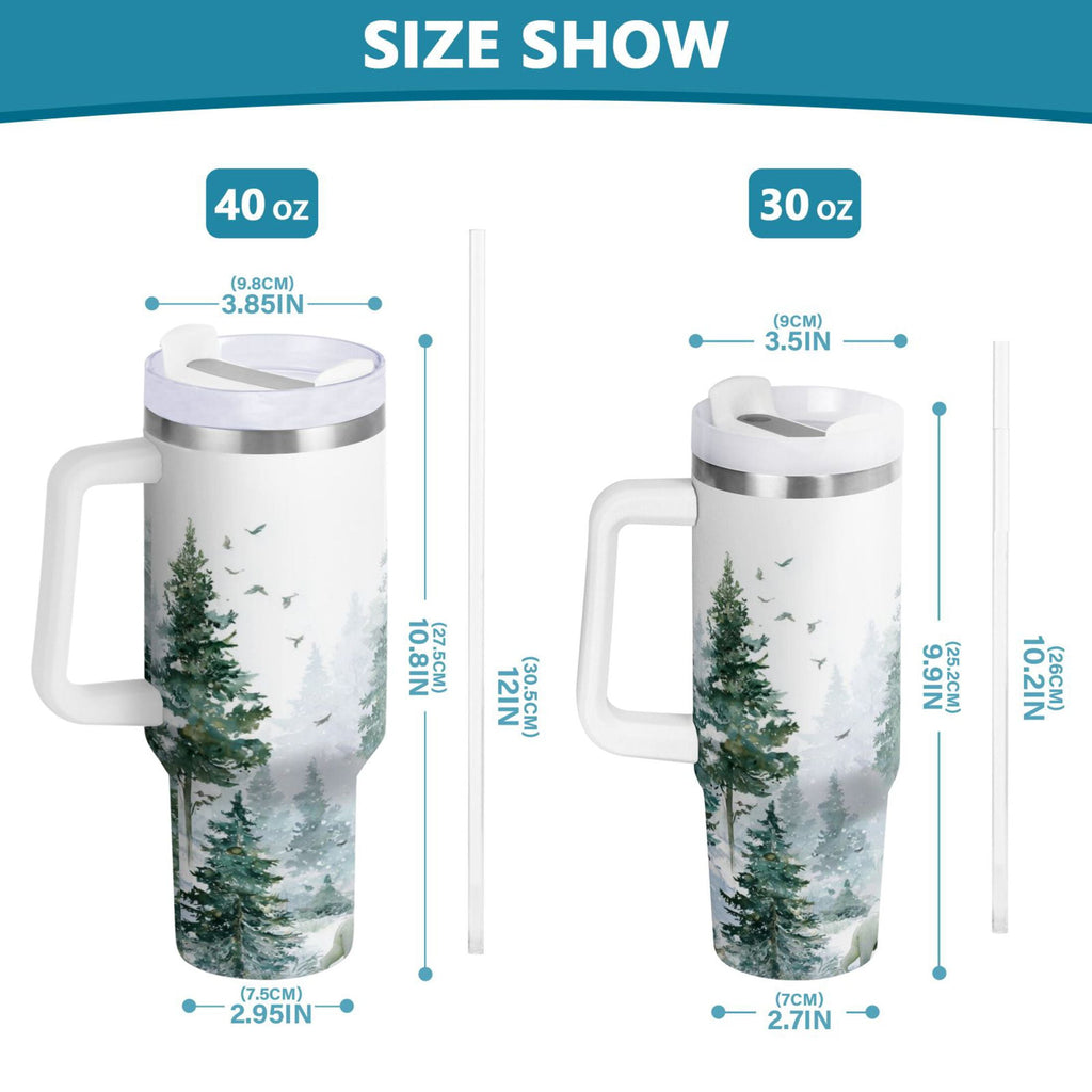 30 oz Insulated Stainless Steel Tumbler Double Wall Stainless Steel Tumbler with 2-Way Drinking Green Snowy Forest Scene M455F