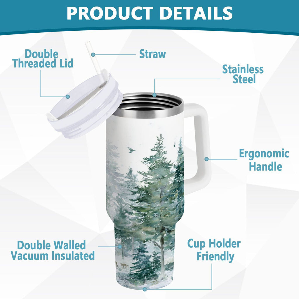 30 oz Insulated Stainless Steel Tumbler Double Wall Stainless Steel Tumbler with 2-Way Drinking Green Snowy Forest Scene M455F