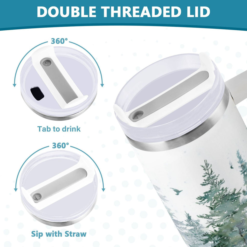 30 oz Insulated Stainless Steel Tumbler Double Wall Stainless Steel Tumbler with 2-Way Drinking Green Snowy Forest Scene M455F
