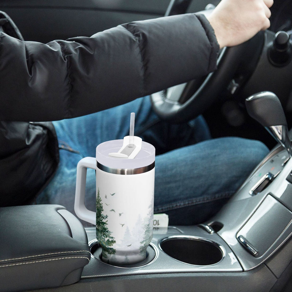30 oz Insulated Stainless Steel Tumbler Double Wall Stainless Steel Tumbler with 2-Way Drinking Green Snowy Forest Scene M455F