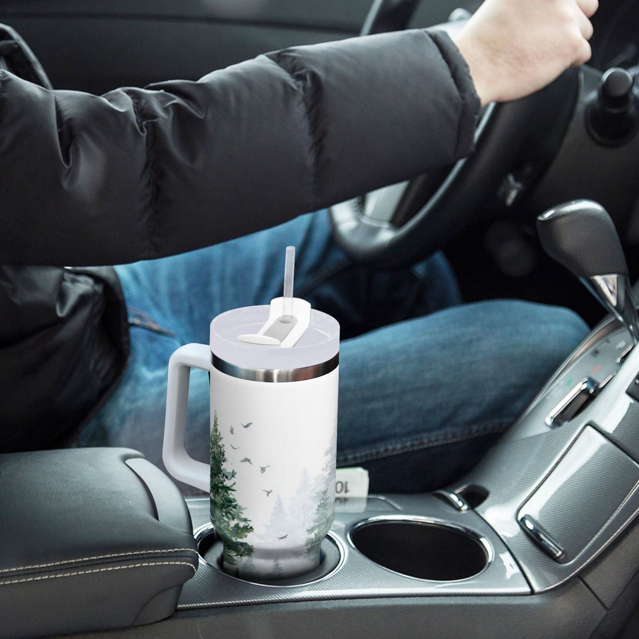 30 oz Insulated Stainless Steel Tumbler Double Wall Stainless Steel Tumbler with 2-Way Drinking Green Snowy Forest Scene M455F