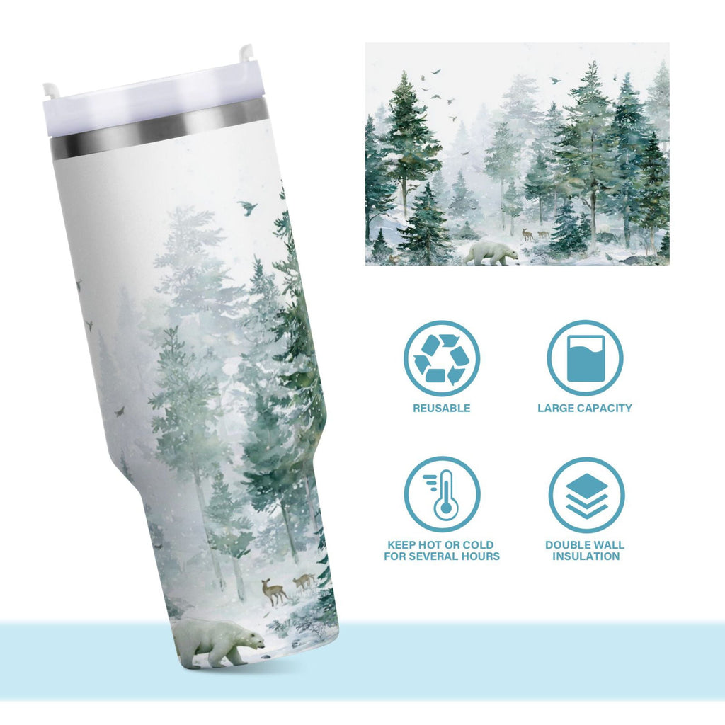 30 oz Insulated Stainless Steel Tumbler Double Wall Stainless Steel Tumbler with 2-Way Drinking Green Snowy Forest Scene M455F