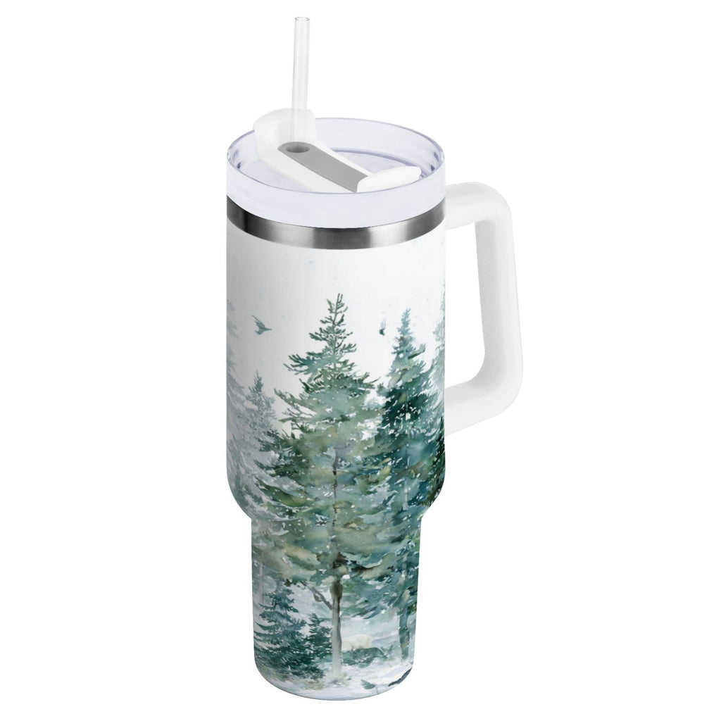 30 oz Insulated Stainless Steel Tumbler Double Wall Stainless Steel Tumbler with 2-Way Drinking Green Snowy Forest Scene M455F