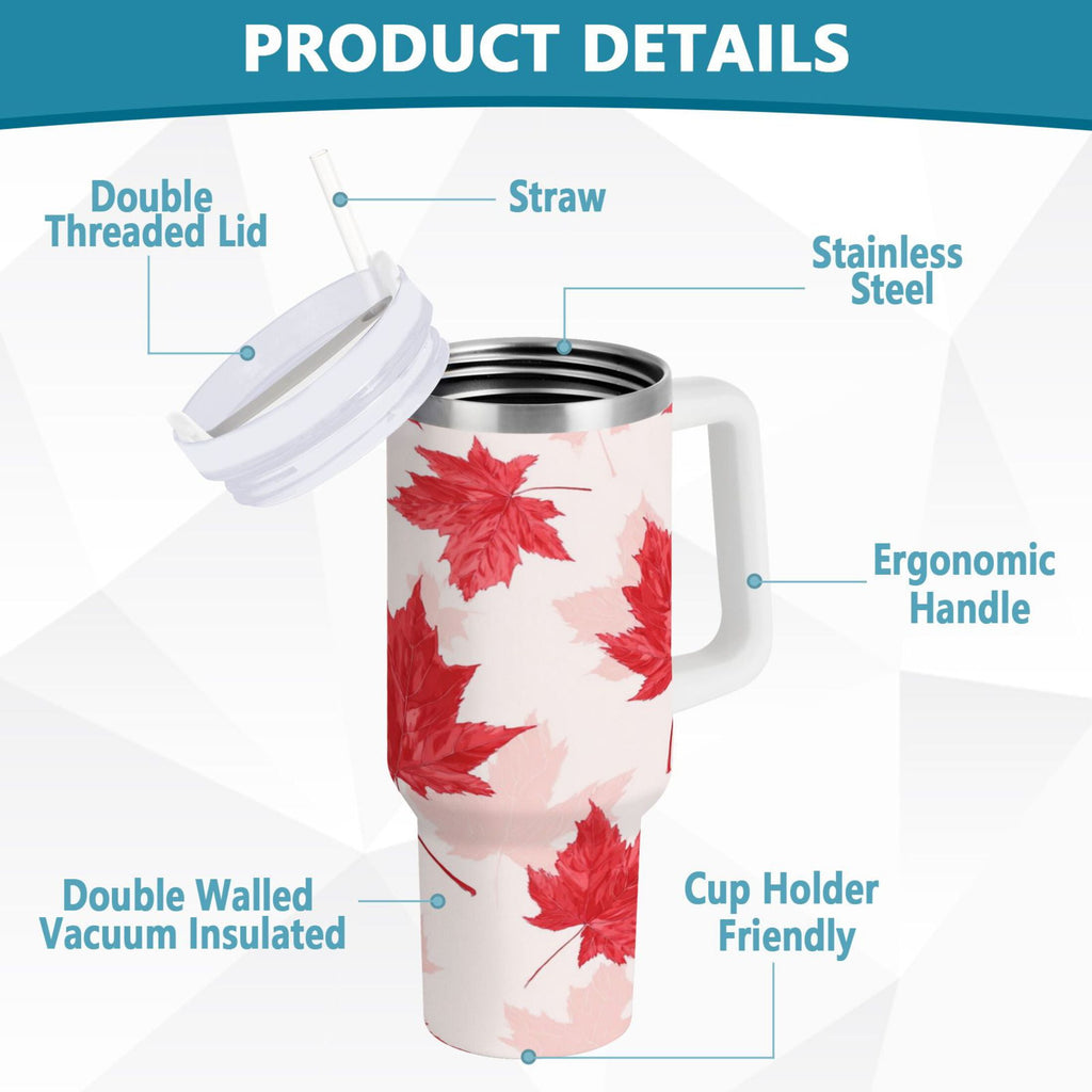 40 oz Insulated Stainless Steel Tumbler Double Wall Stainless Steel Tumbler with 2-Way Drinking Red Maple Leaves Pattern M601F