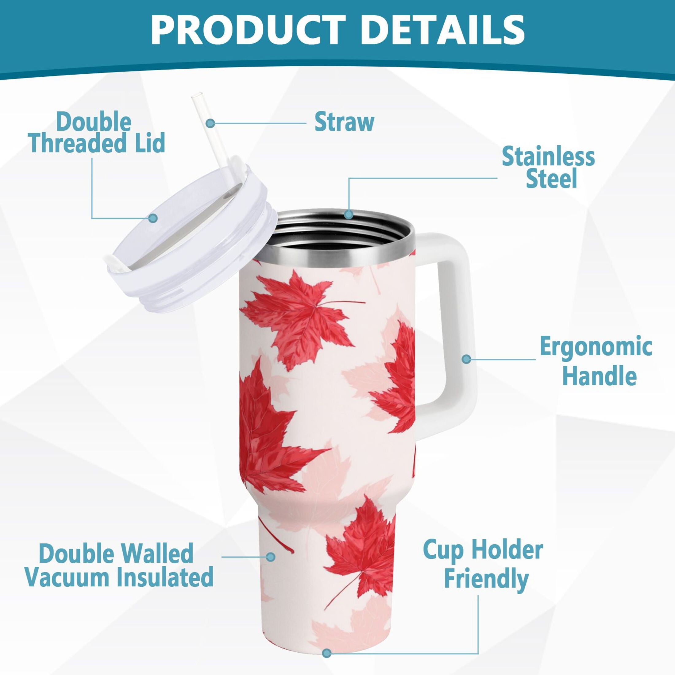 40 oz Insulated Stainless Steel Tumbler Double Wall Stainless Steel Tumbler with 2-Way Drinking Red Maple Leaves Pattern M601F
