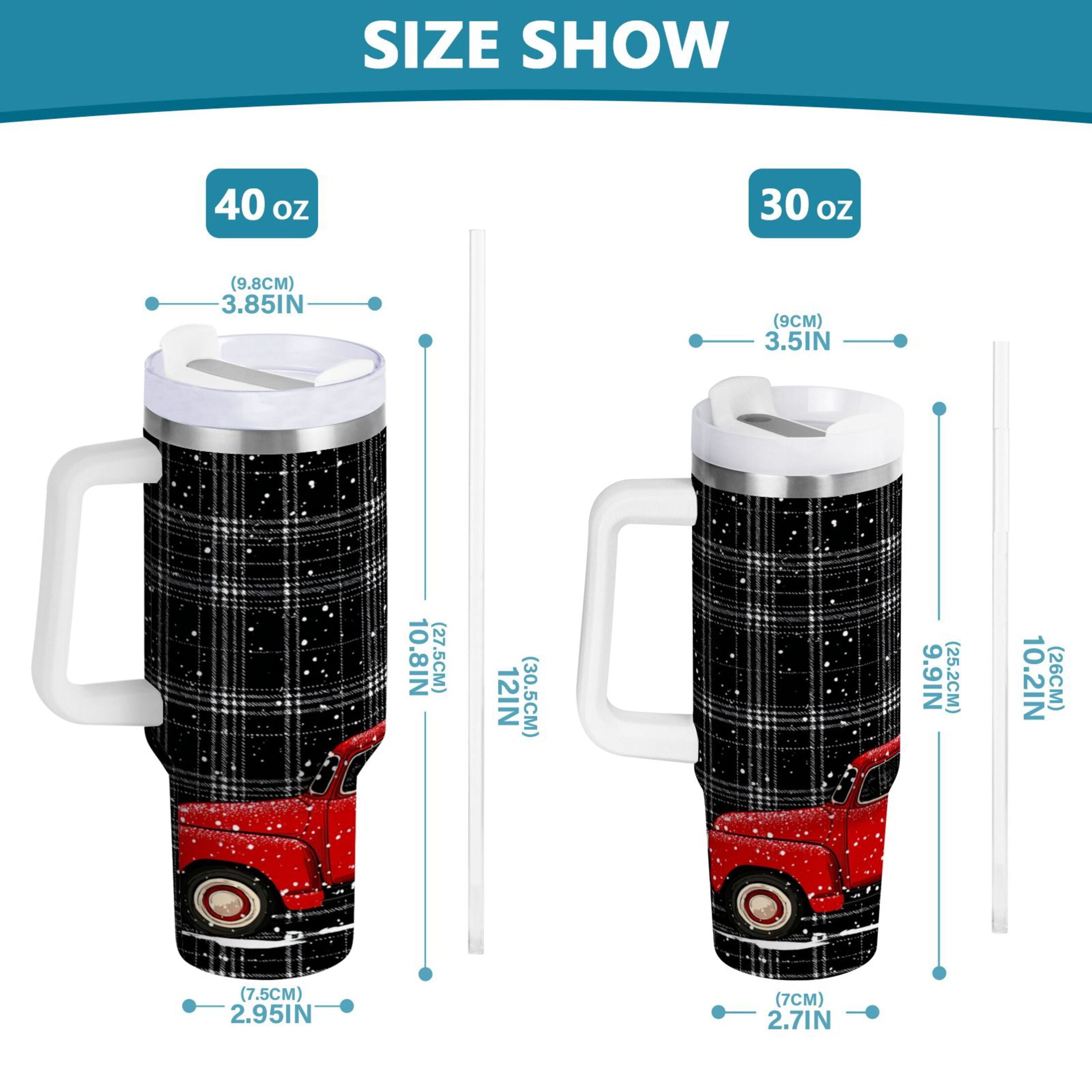 40 oz Insulated Stainless Steel Tumbler Double Wall Stainless Steel Tumbler with 2-Way Drinking Red Truck with Christmas Tree M669K