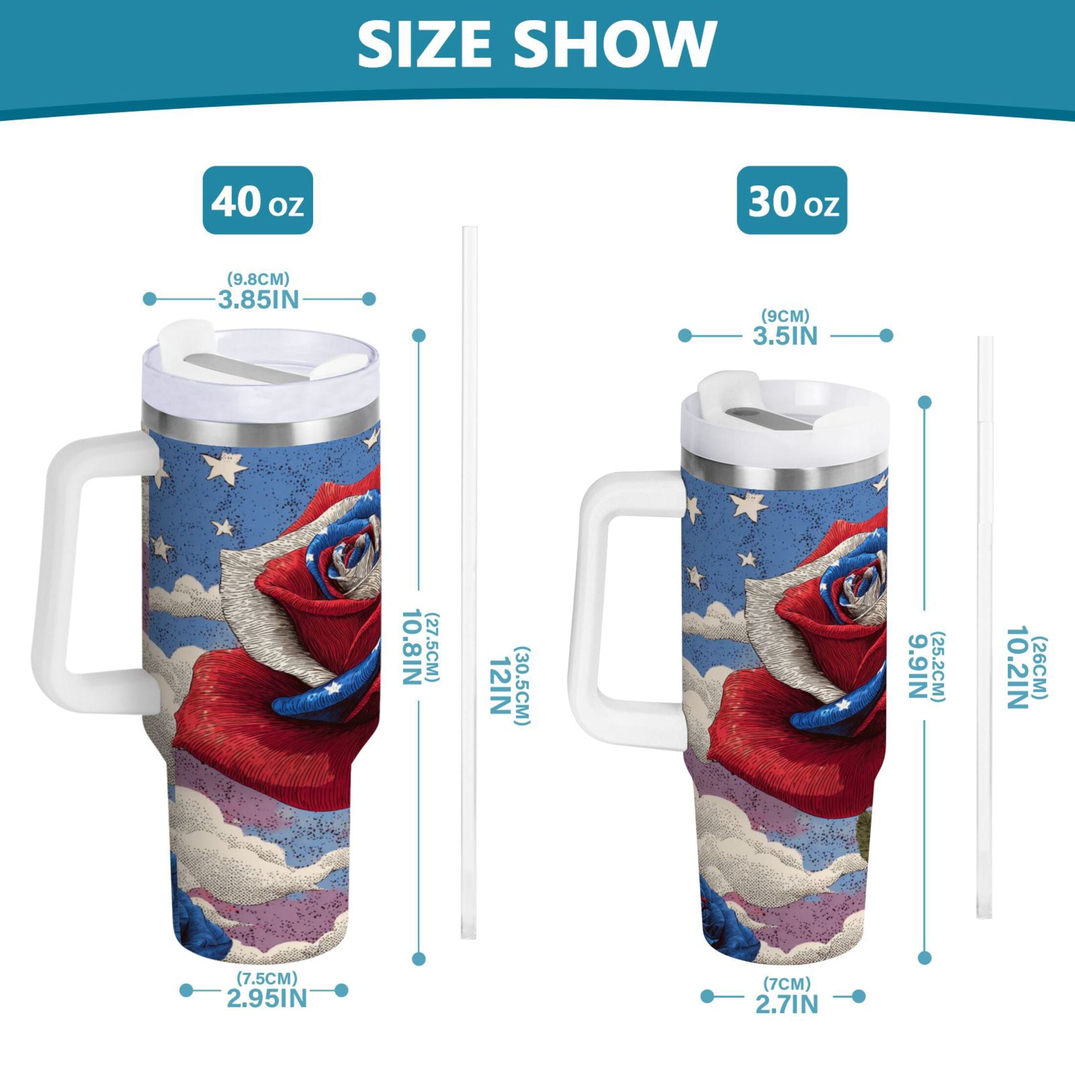 40 oz Insulated Stainless Steel Tumbler Double Wall Stainless Steel Tumbler with 2-Way Drinking Roses and Clouds M523Q