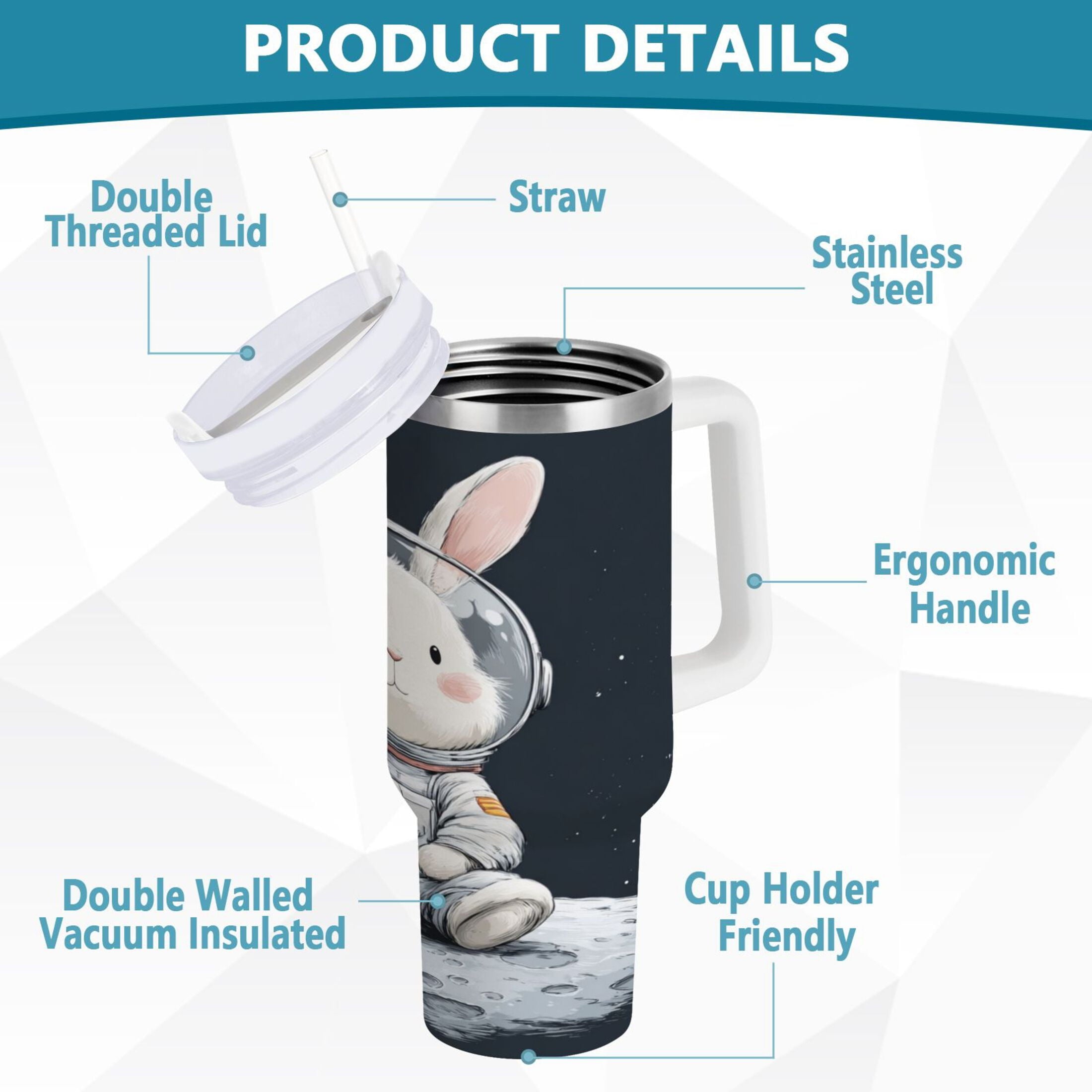 40 oz Insulated Stainless Steel Tumbler Double Wall Stainless Steel Tumbler with 2-Way Drinking Rabbit in A Space M673N