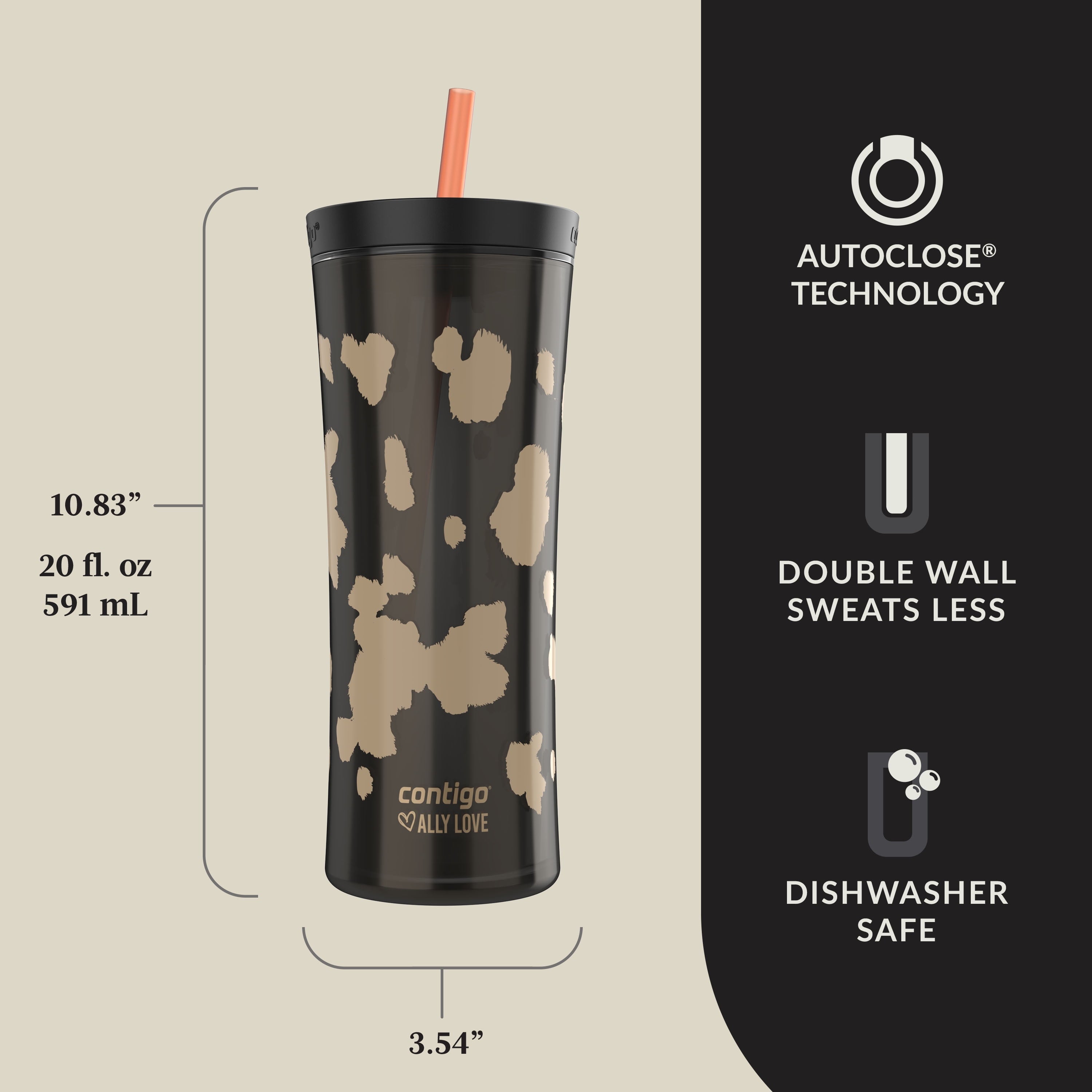 Contigo 20oz Shake &amp; Go Tumbler, Plastic with Straw, Licorice Cowhide Couture M93J