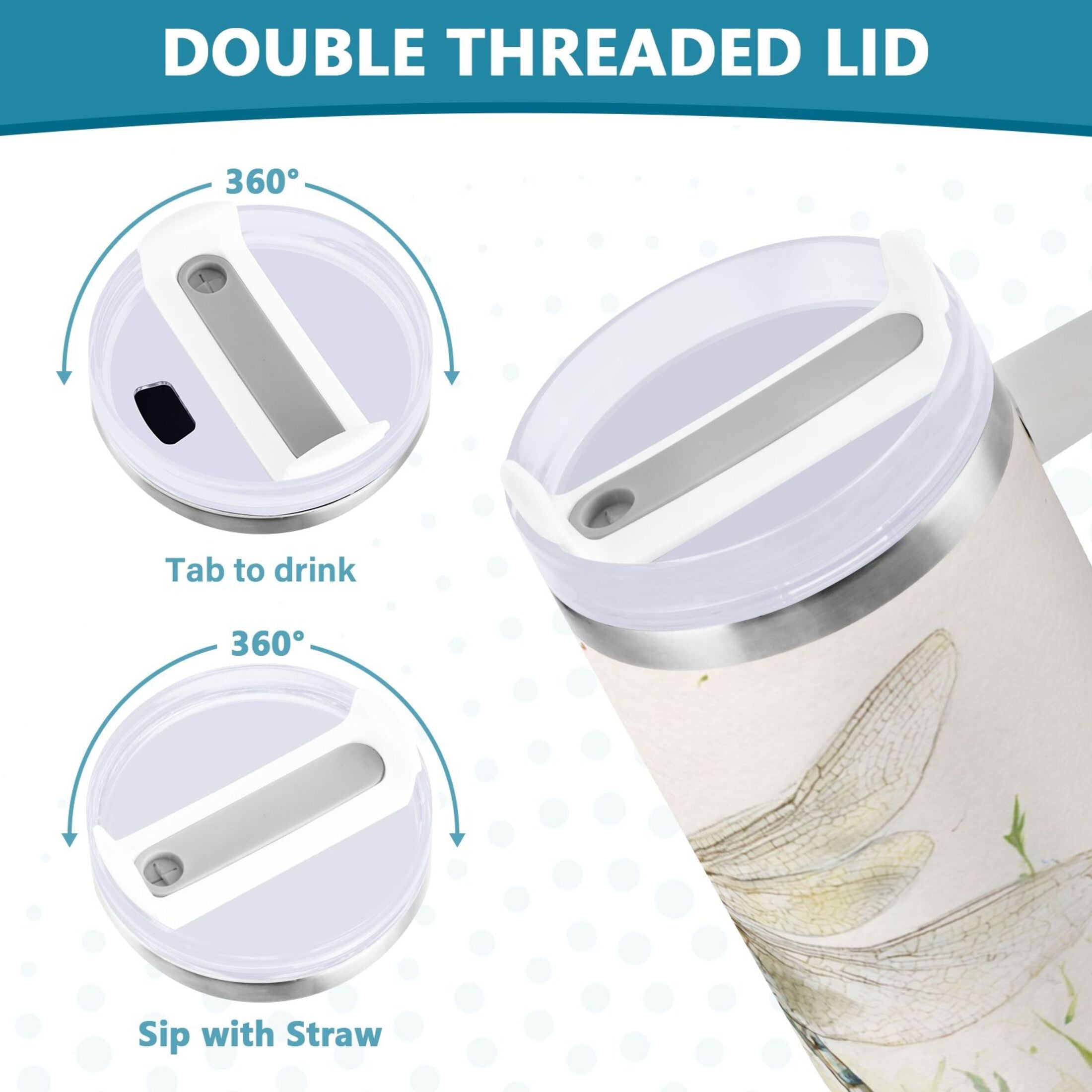 30 oz Insulated Stainless Steel Tumbler Double Wall Stainless Steel Tumbler with 2-Way Drinking Dragonflies with White Daisies M655H