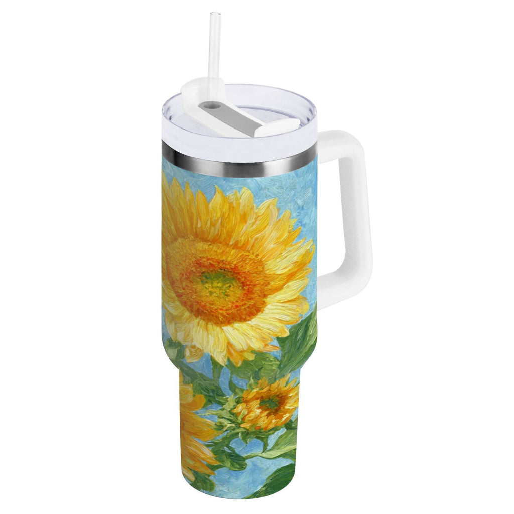 40 oz Insulated Stainless Steel Tumbler Double Wall Stainless Steel Tumbler with 2-Way Drinking Sunflower Oil Painting M438N