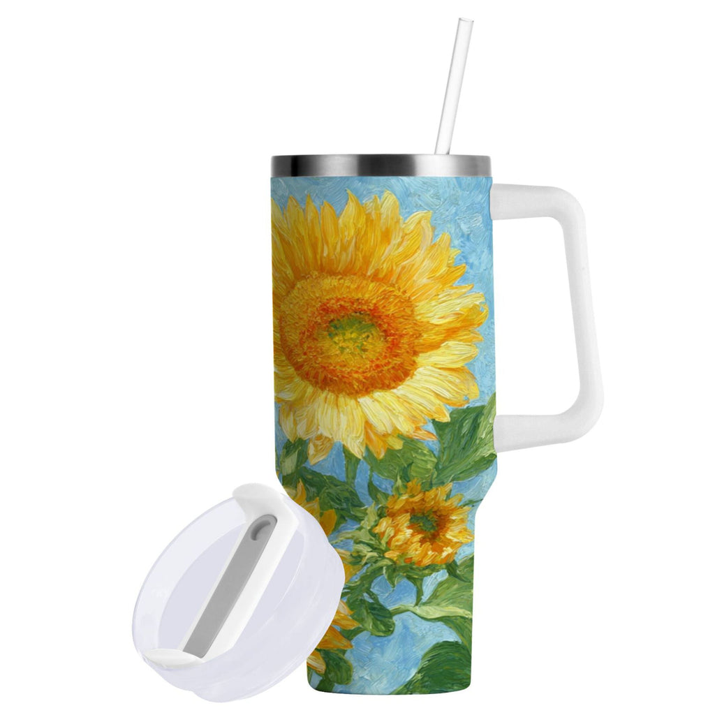 40 oz Insulated Stainless Steel Tumbler Double Wall Stainless Steel Tumbler with 2-Way Drinking Sunflower Oil Painting M438N