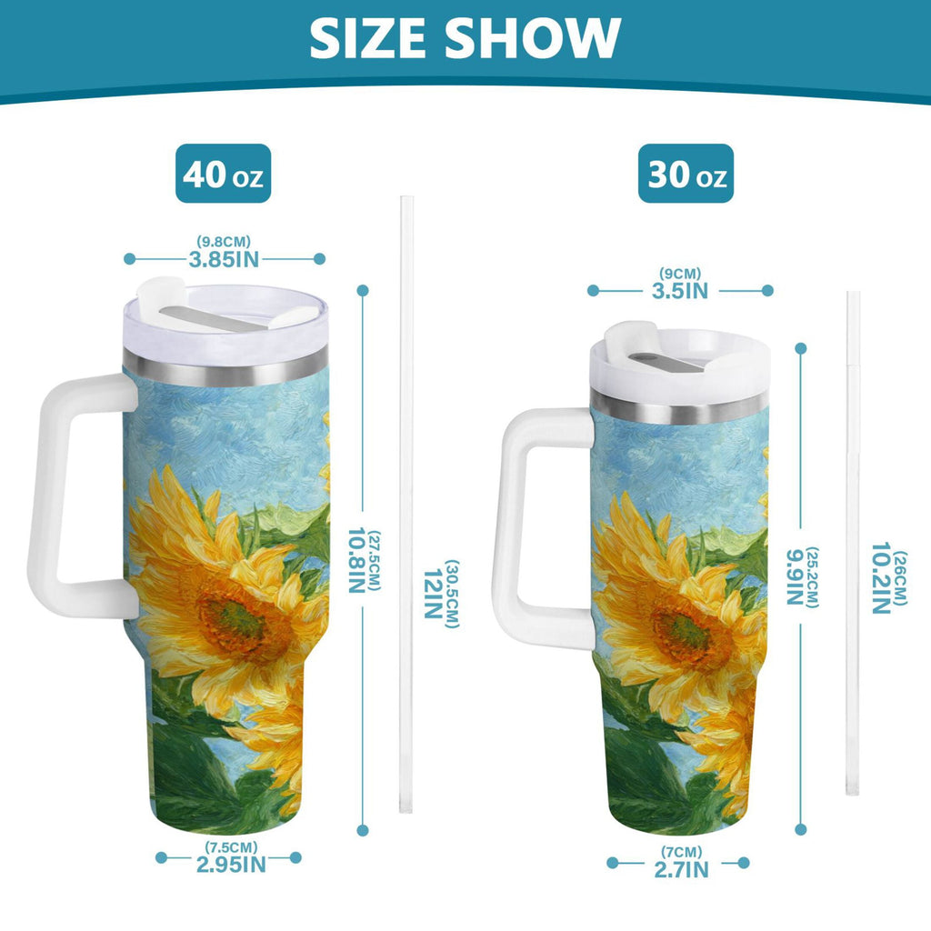 40 oz Insulated Stainless Steel Tumbler Double Wall Stainless Steel Tumbler with 2-Way Drinking Sunflower Oil Painting M438N