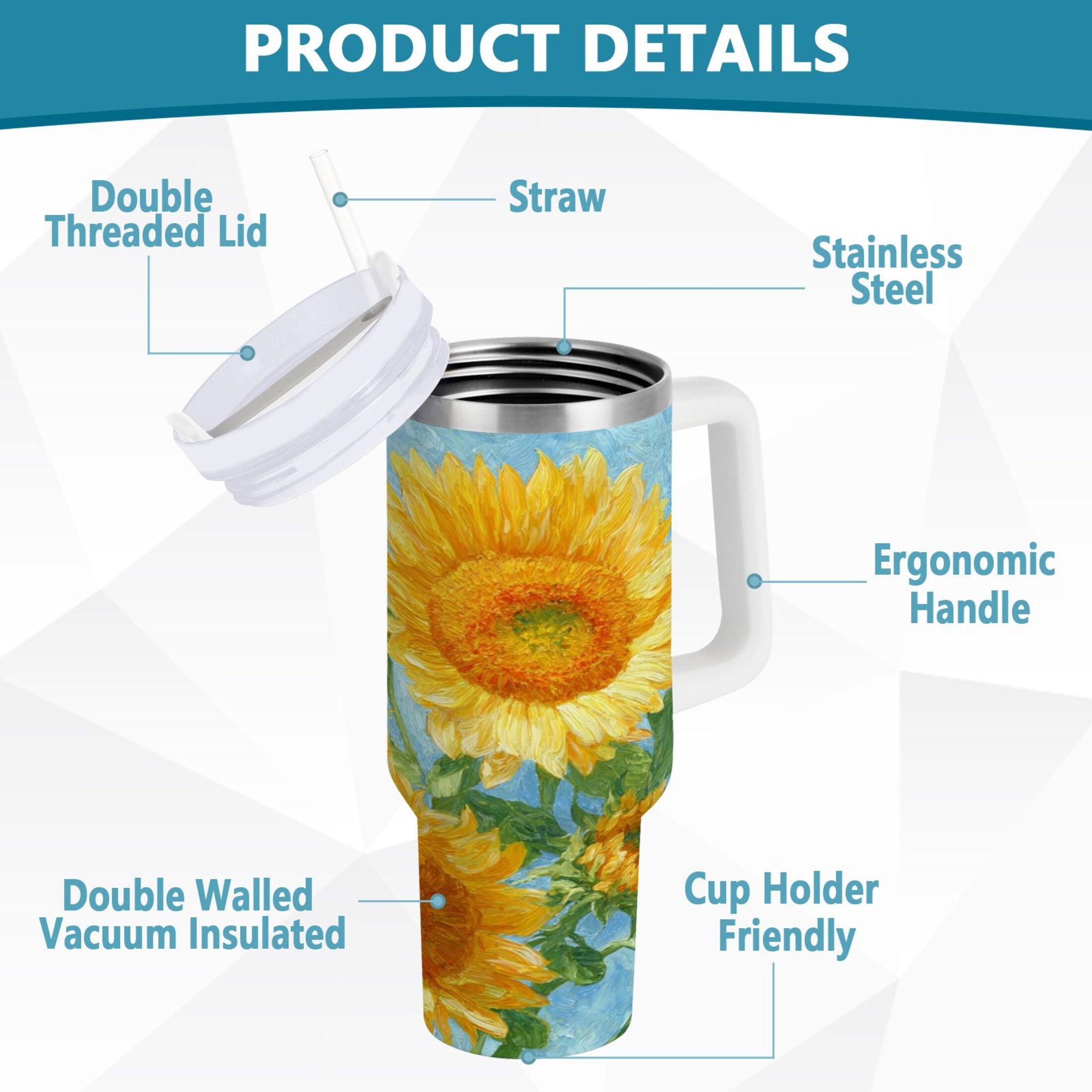 40 oz Insulated Stainless Steel Tumbler Double Wall Stainless Steel Tumbler with 2-Way Drinking Sunflower Oil Painting M438N