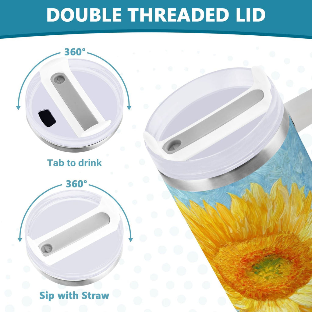 40 oz Insulated Stainless Steel Tumbler Double Wall Stainless Steel Tumbler with 2-Way Drinking Sunflower Oil Painting M438N