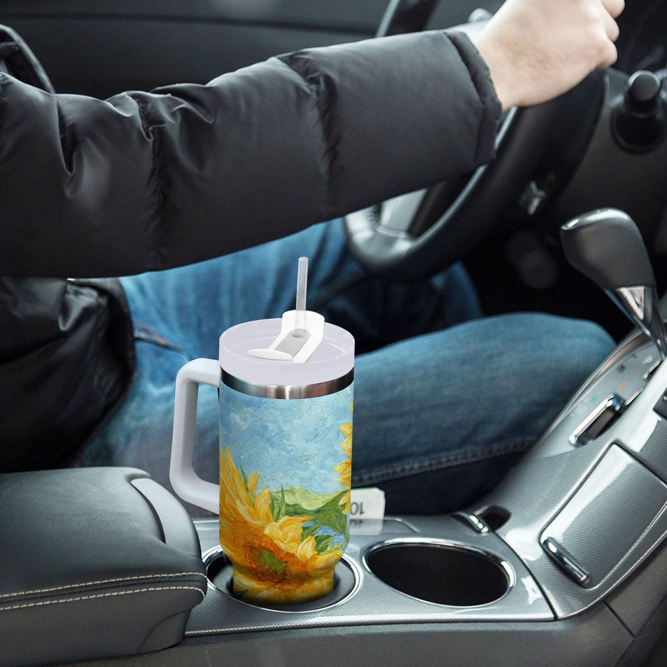 40 oz Insulated Stainless Steel Tumbler Double Wall Stainless Steel Tumbler with 2-Way Drinking Sunflower Oil Painting M438N