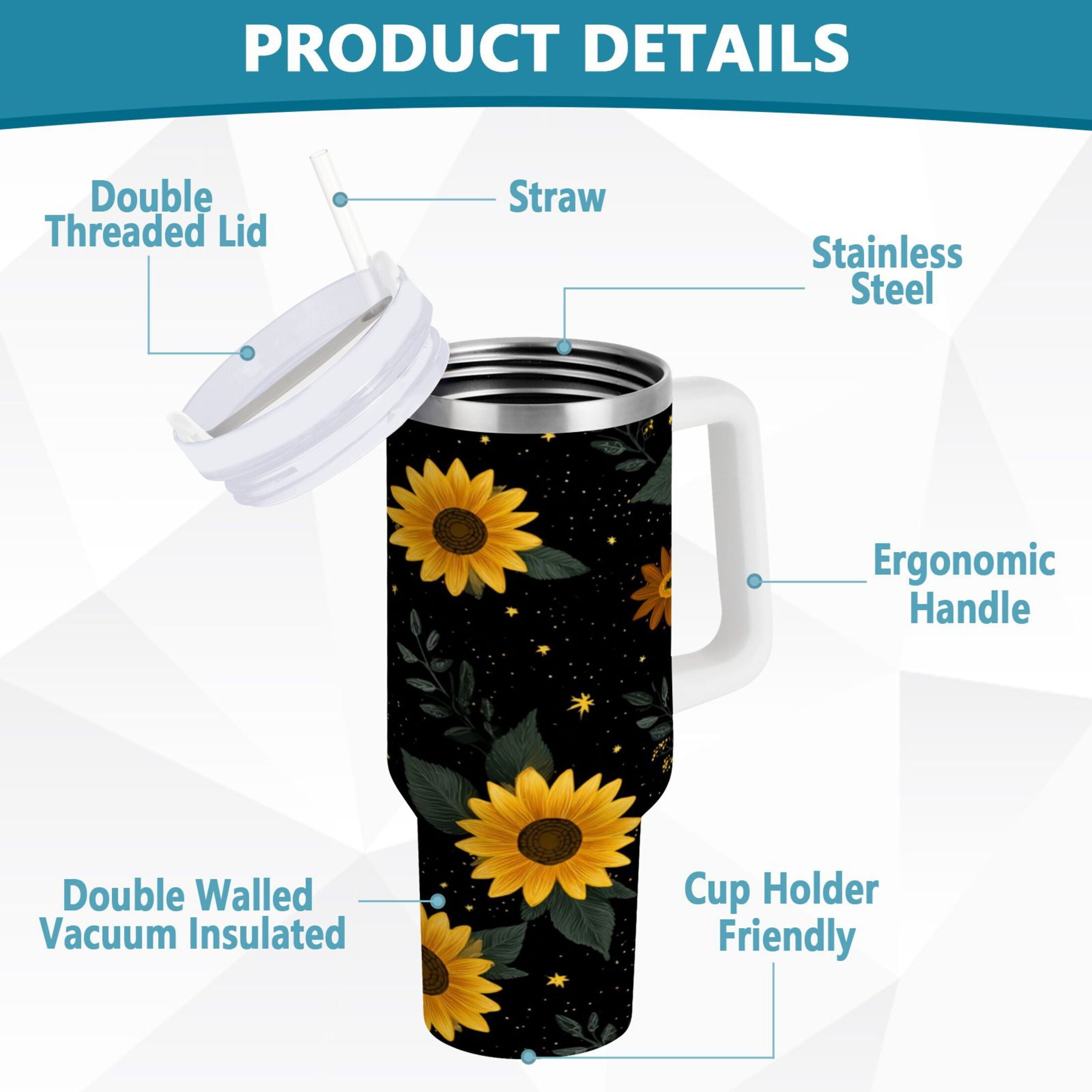 30 oz Insulated Stainless Steel Tumbler Double Wall Stainless Steel Tumbler with 2-Way Drinking Yellow Sunflower Pattern M532K