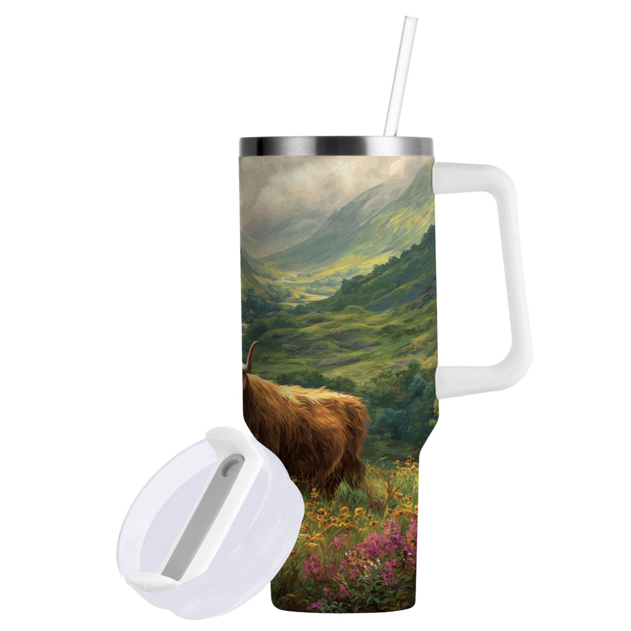 30 oz Insulated Stainless Steel Tumbler Double Wall Stainless Steel Tumbler with 2-Way Drinking Cow in Green Rolling Hills M586Q