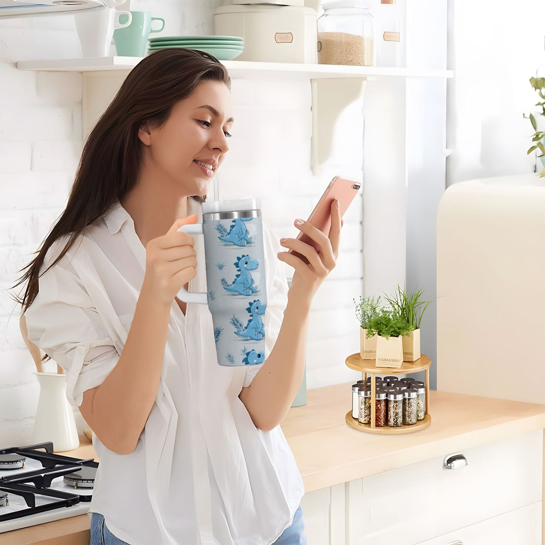 30 oz Insulated Stainless Steel Tumbler Double Wall Stainless Steel Tumbler with 2-Way Drinking Cartoon Blue Dinosaurs M495M