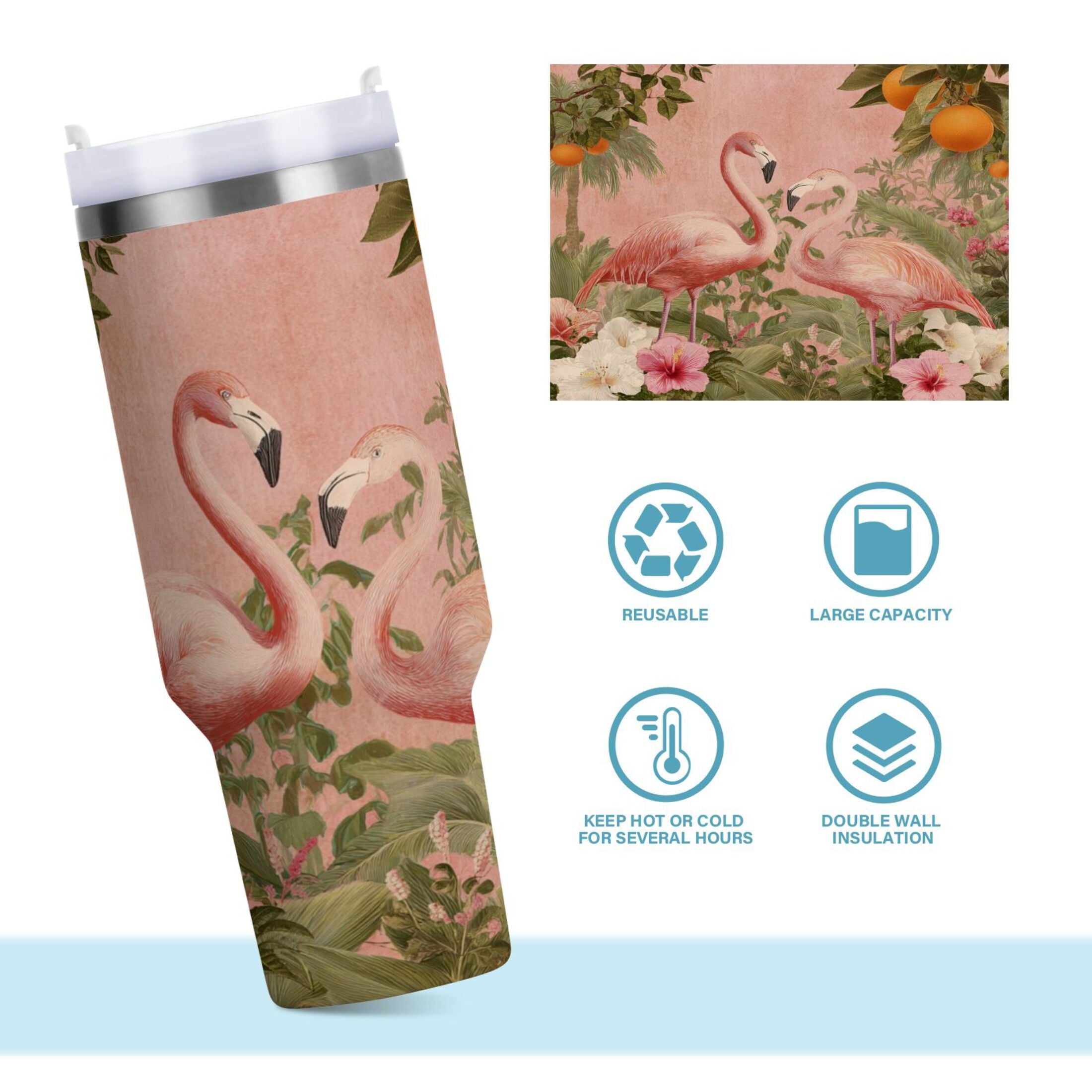 40 oz Insulated Stainless Steel Tumbler Double Wall Stainless Steel Tumbler with 2-Way Drinking Flamingos in Tropical Garden M666D