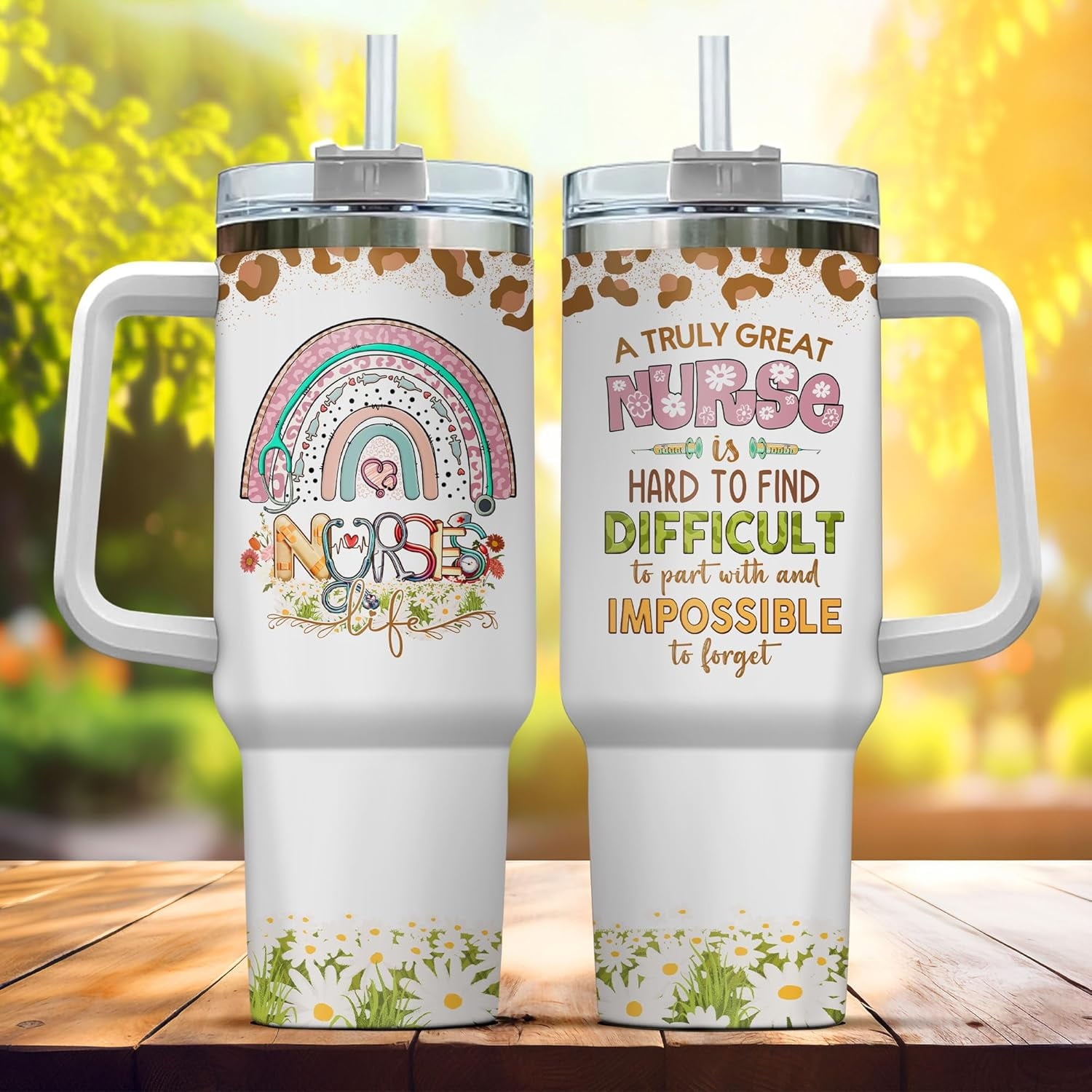 Tumbler 40 Oz With Handle Lid And Straw, Nurse Gifts, Black Camo White Engraved Print Travel Nurses Tumblers Handle Funny Cups Nursing For, Great Nurse Rainbow Daisy Flower M683R
