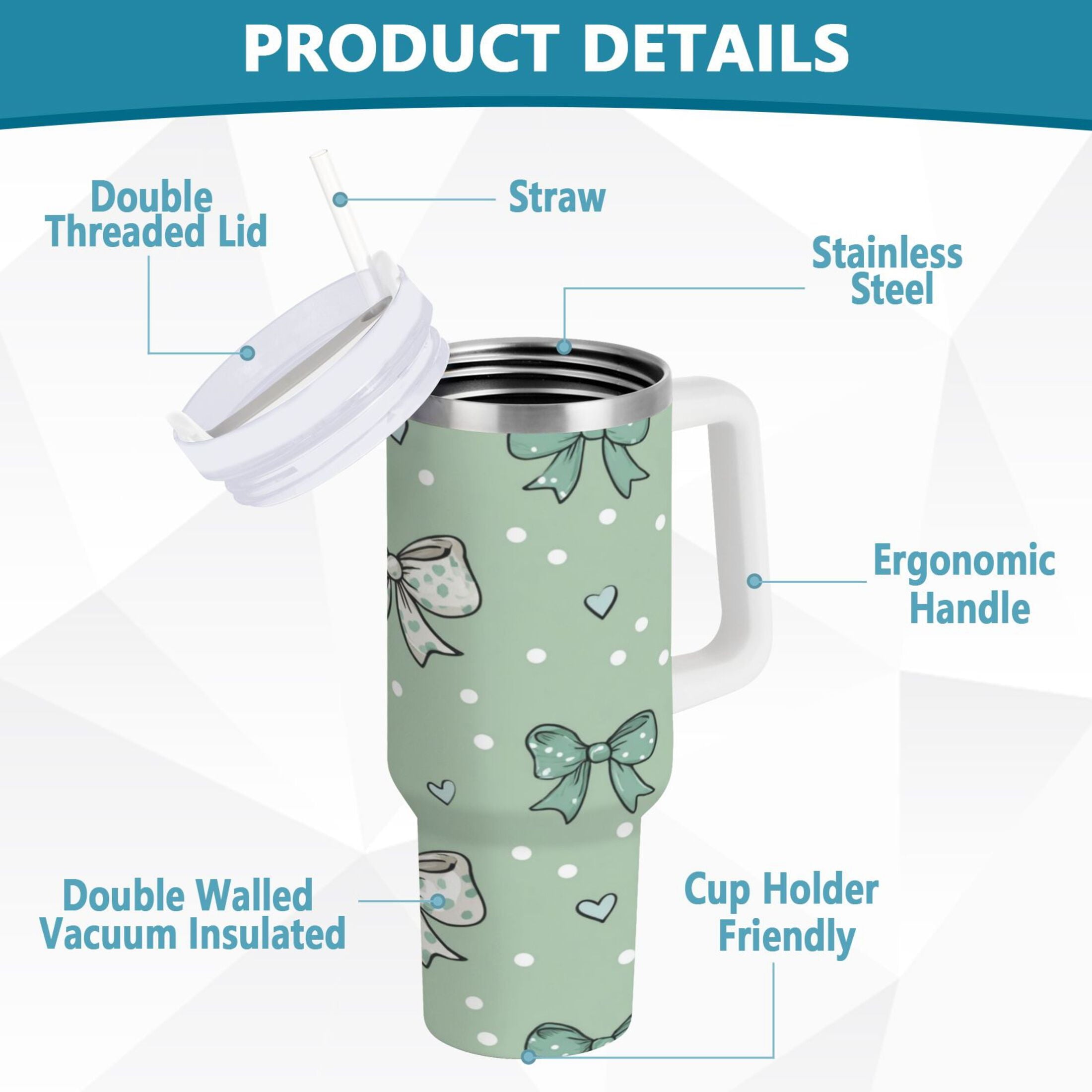 30 oz Insulated Stainless Steel Tumbler Double Wall Stainless Steel Tumbler with 2-Way Drinking Green and Mint Bows M559Y
