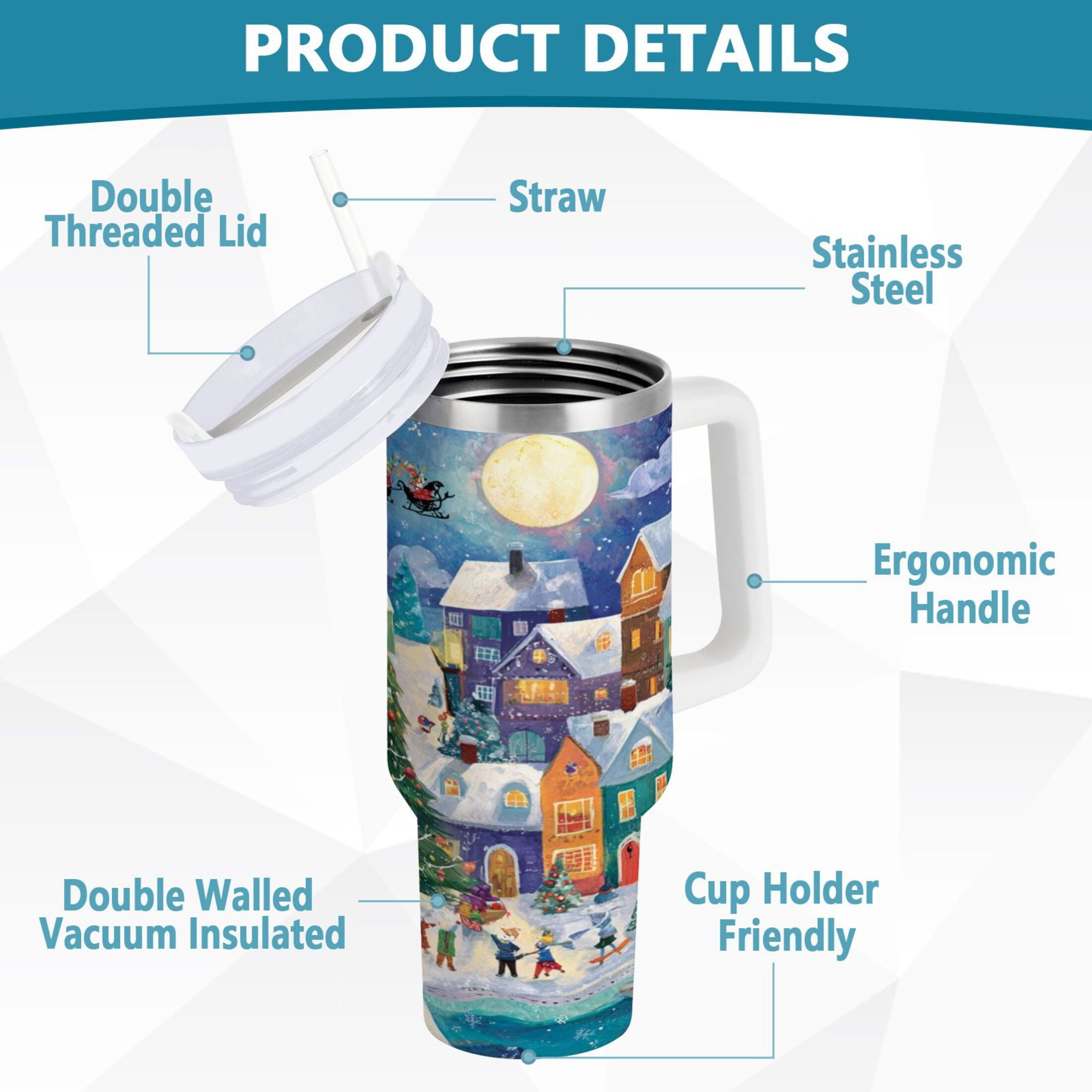 30 oz Insulated Stainless Steel Tumbler Double Wall Stainless Steel Tumbler with 2-Way Drinking Charming Christmas Scene M546J