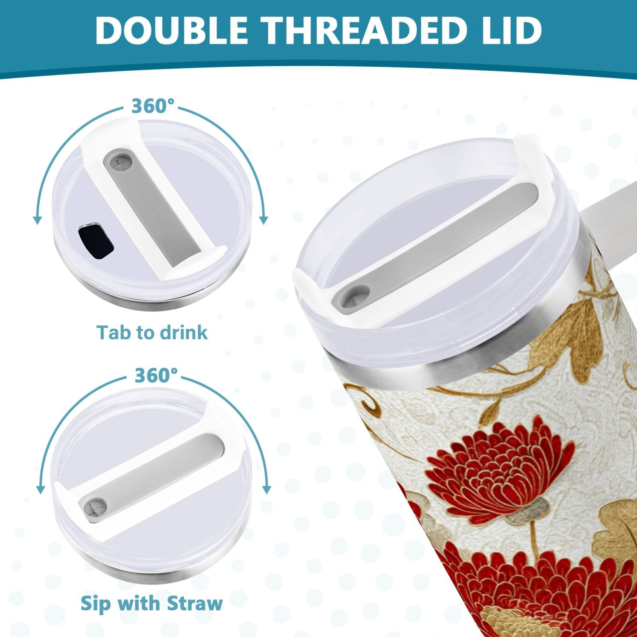 30 oz Insulated Stainless Steel Tumbler Double Wall Stainless Steel Tumbler with 2-Way Drinking Red Chrysanthemum Pattern M676U