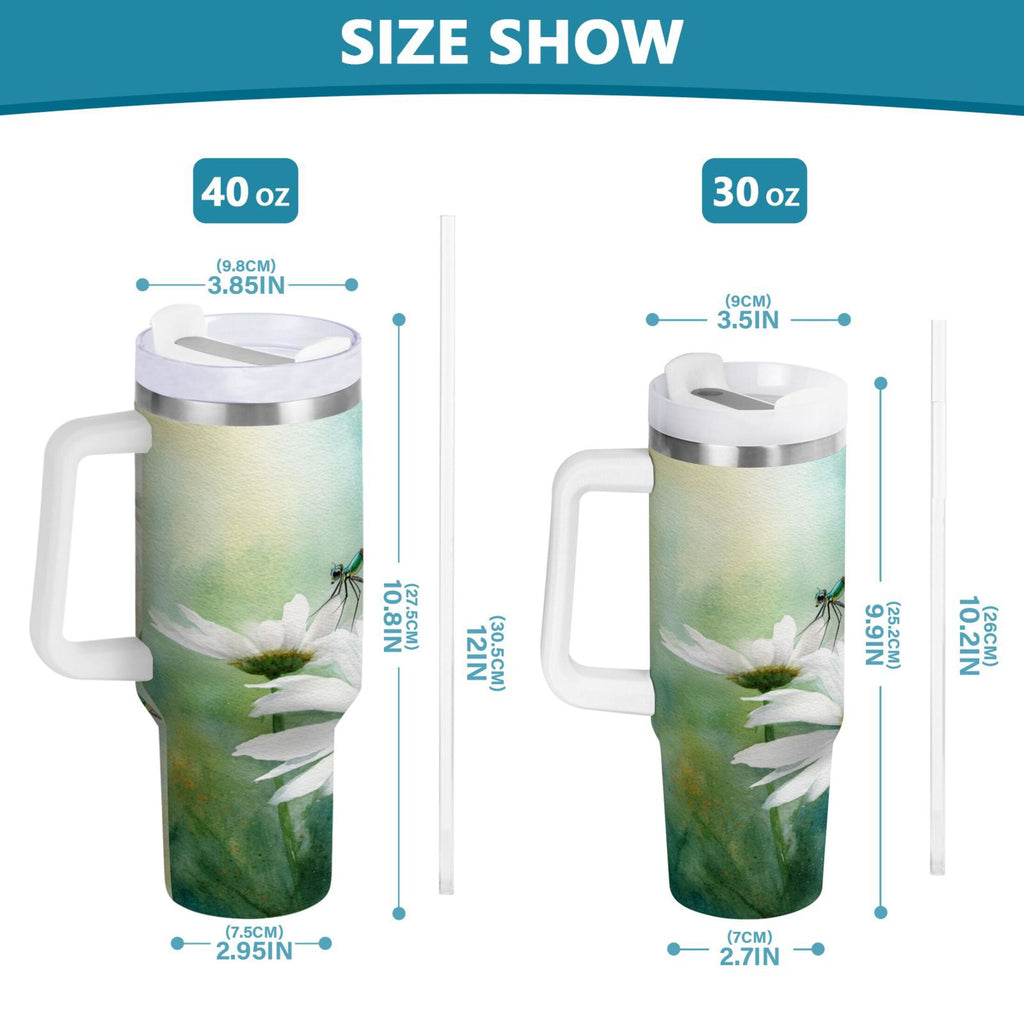 30 oz Insulated Stainless Steel Tumbler Double Wall Stainless Steel Tumbler with 2-Way Drinking Beautiful Dragonflies and Daisies M638L