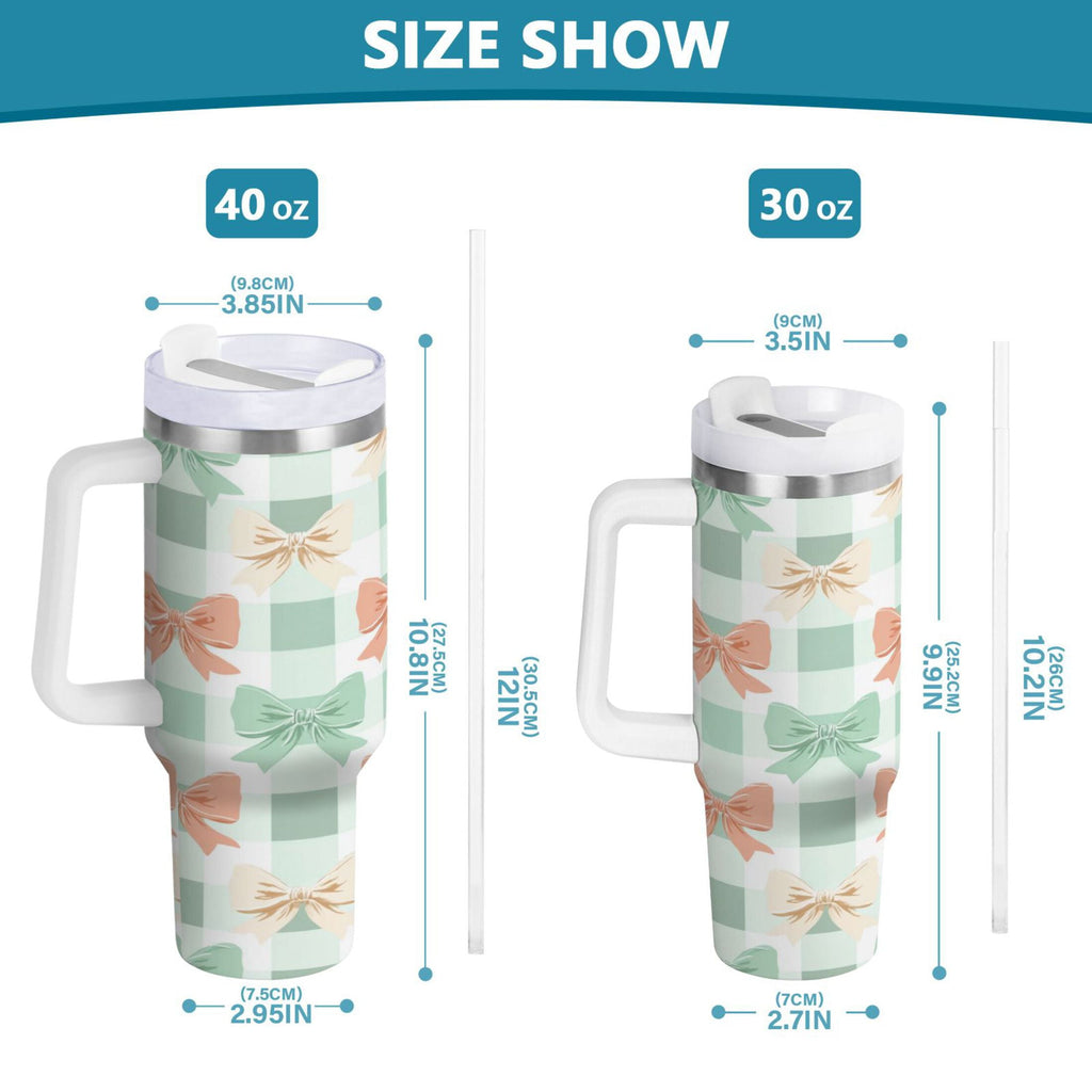 40 oz Insulated Stainless Steel Tumbler Double Wall Stainless Steel Tumbler with 2-Way Drinking Green and Peach Bow Pattern M544Y