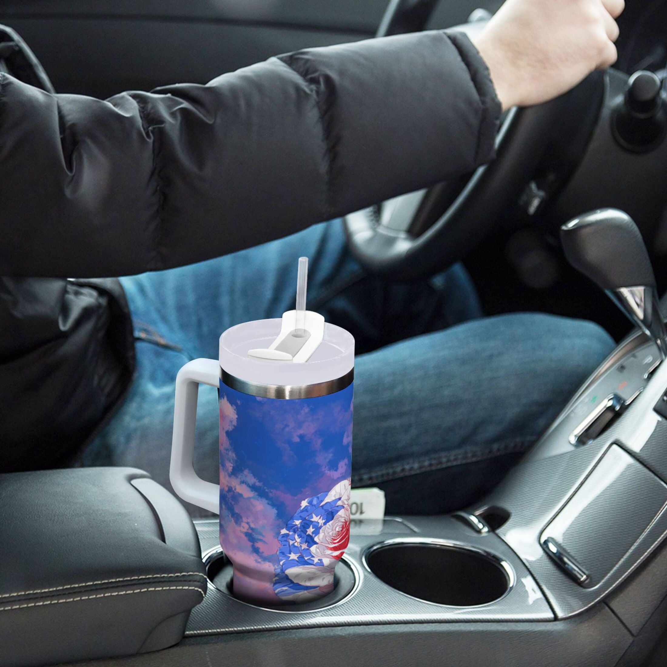 30 oz Insulated Stainless Steel Tumbler Double Wall Stainless Steel Tumbler with 2-Way Drinking Rose with Flag Pattern M547V