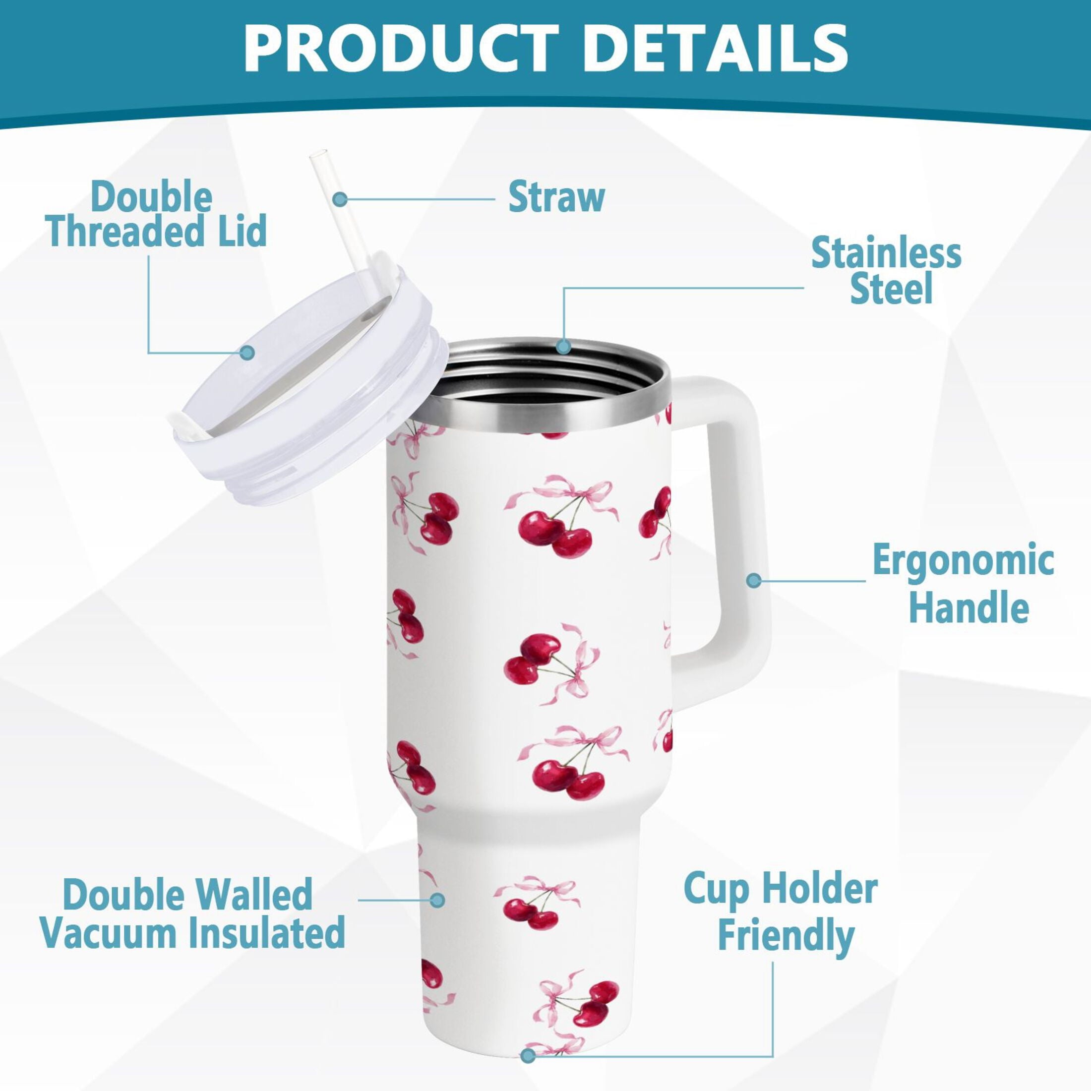 30 oz Insulated Stainless Steel Tumbler Double Wall Stainless Steel Tumbler with 2-Way Drinking Watercolor Cherries Pattern M604Z