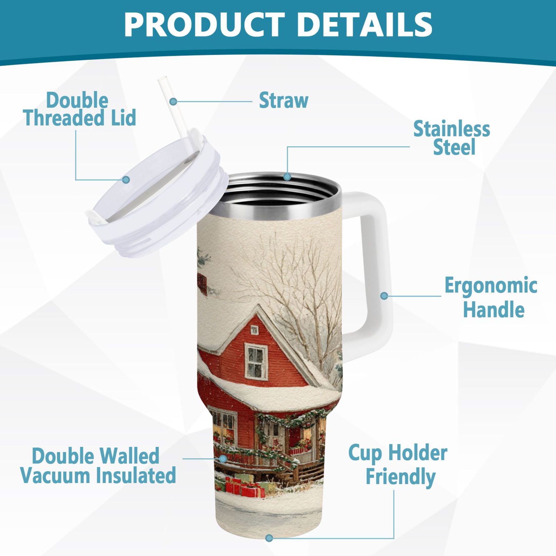 40 oz Insulated Stainless Steel Tumbler Double Wall Stainless Steel Tumbler with 2-Way Drinking House with Snow-covered Roof M674V