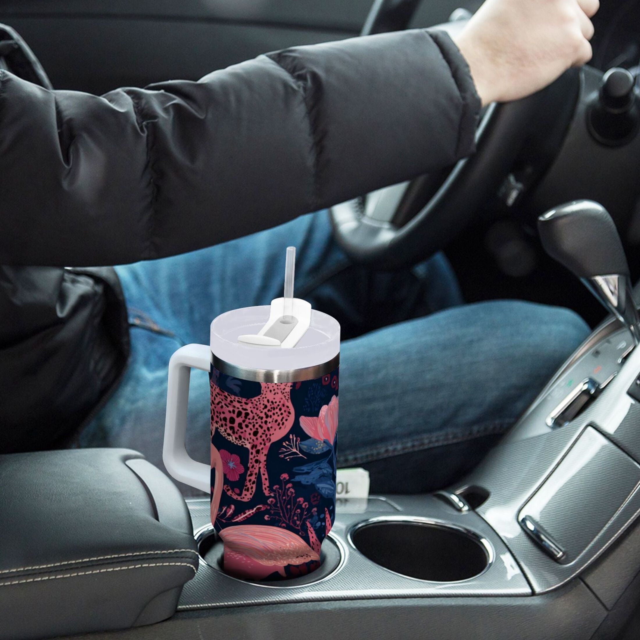 30 oz Insulated Stainless Steel Tumbler Double Wall Stainless Steel Tumbler with 2-Way Drinking Flamingos and Leopard Print M568A