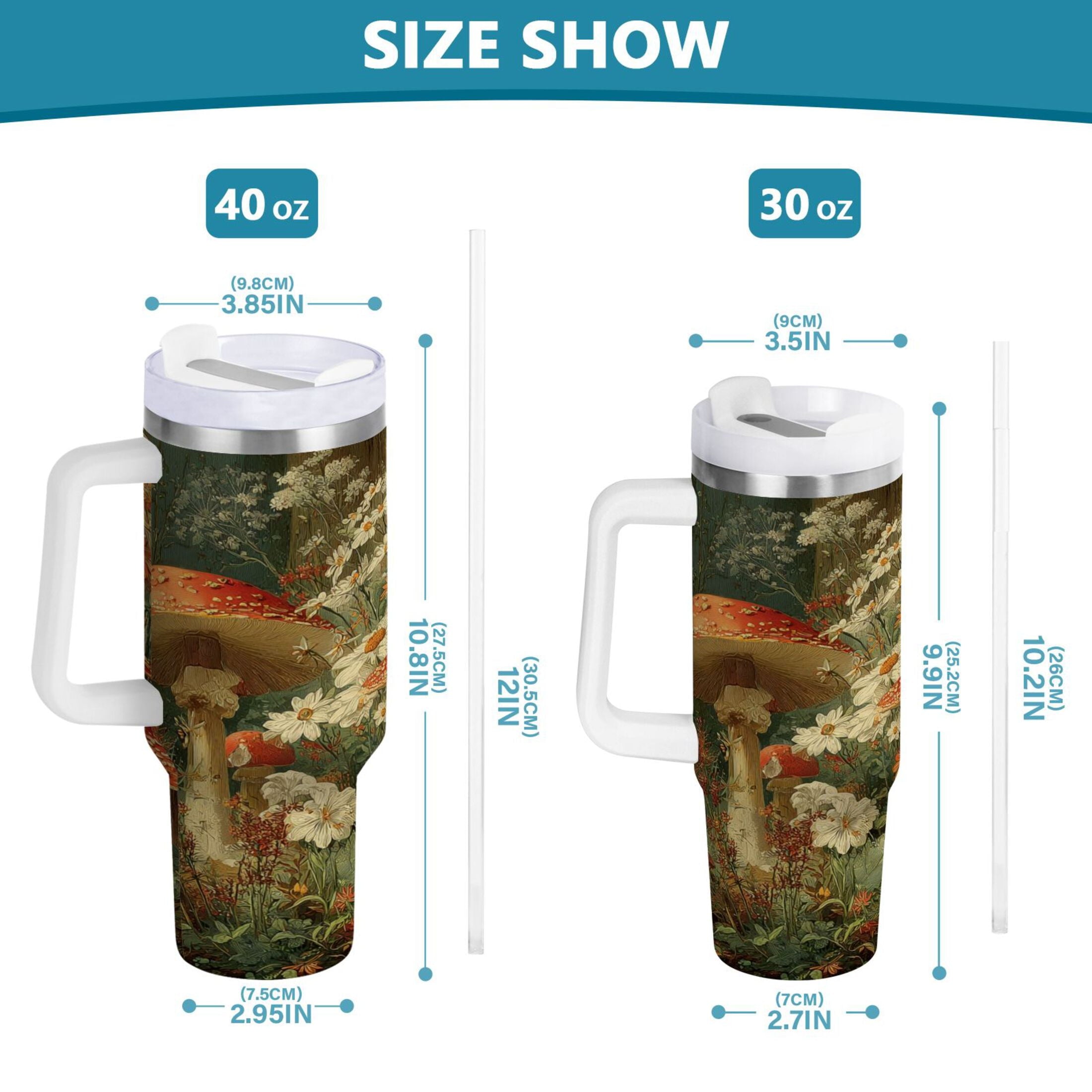 40 oz Insulated Stainless Steel Tumbler Double Wall Stainless Steel Tumbler with 2-Way Drinking Red Mushrooms M505Z