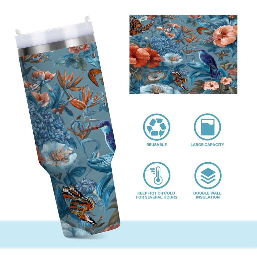 30 oz Insulated Stainless Steel Tumbler Double Wall Stainless Steel Tumbler with 2-Way Drinking Birds and Flowers M552X
