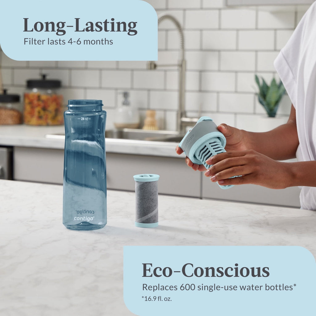(2 pack) Contigo Clybourn Plastic FreeFlow Filter Water Bottle with AUTOSEAL Lid 24 oz., Dark Ice, with Replacable Filter M62Y