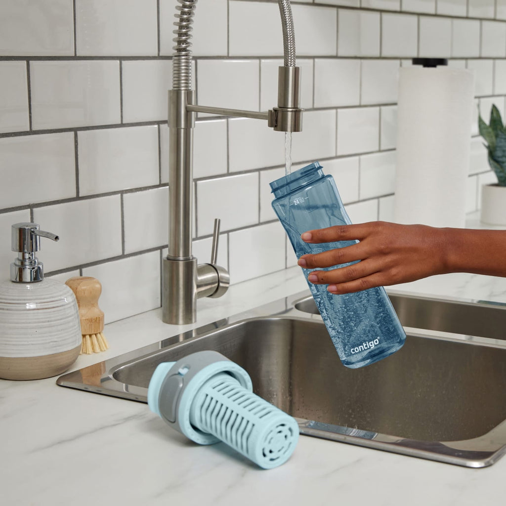 (2 pack) Contigo Clybourn Plastic FreeFlow Filter Water Bottle with AUTOSEAL Lid 24 oz., Dark Ice, with Replacable Filter M62Y
