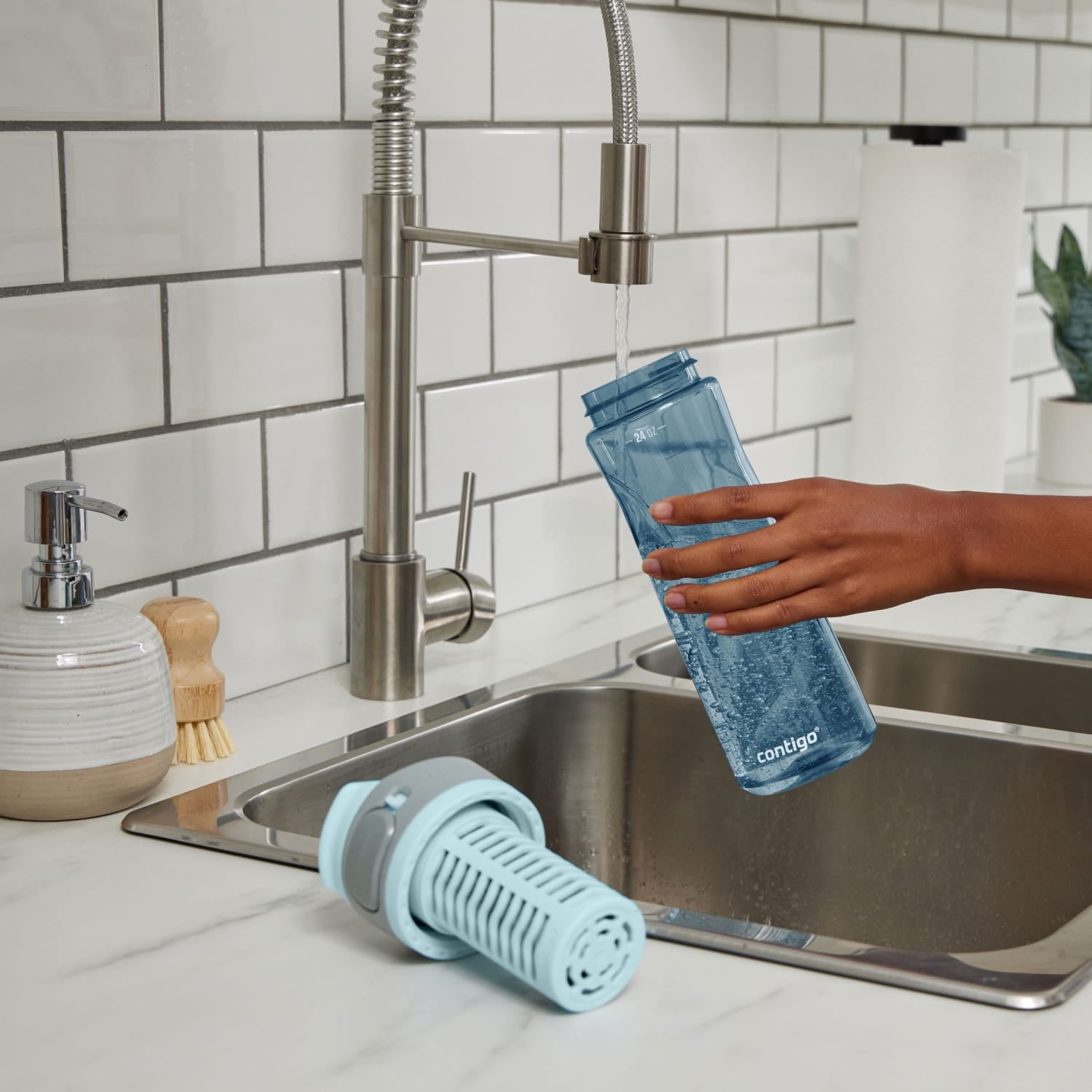 (2 pack) Contigo Clybourn Plastic FreeFlow Filter Water Bottle with AUTOSEAL Lid 24 oz., Dark Ice, with Replacable Filter M62Y