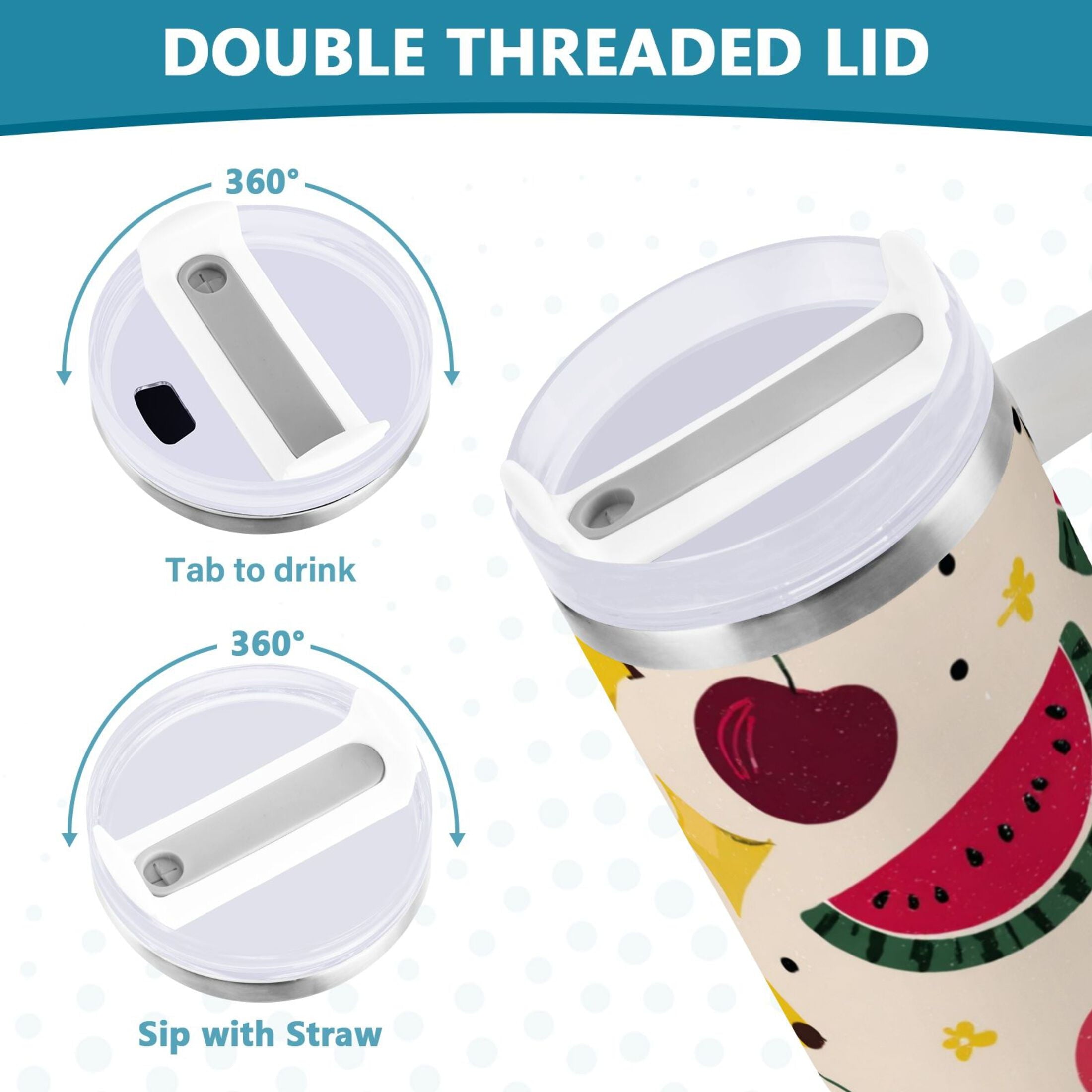 30 oz Insulated Stainless Steel Tumbler Double Wall Stainless Steel Tumbler with 2-Way Drinking Watermelon and Cherries M579R