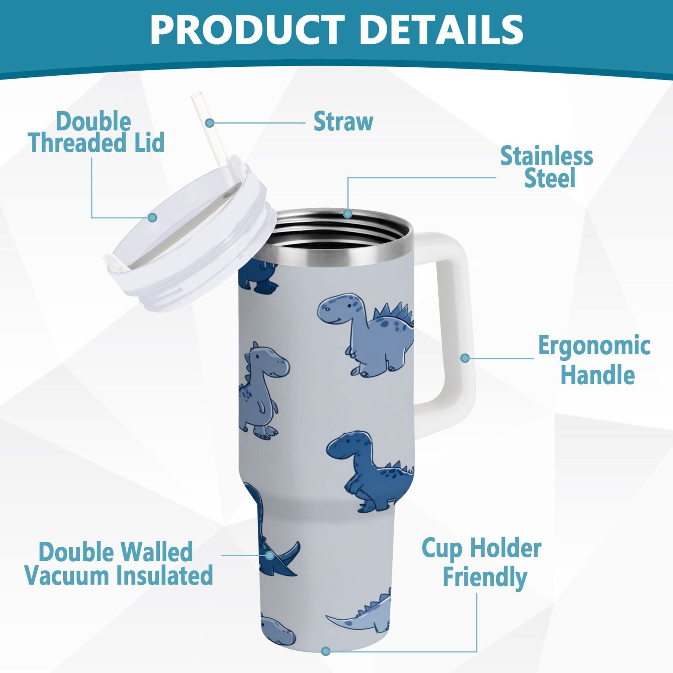 30 oz Insulated Stainless Steel Tumbler Double Wall Stainless Steel Tumbler with 2-Way Drinking Cute Blue Dinosaurs M580Z