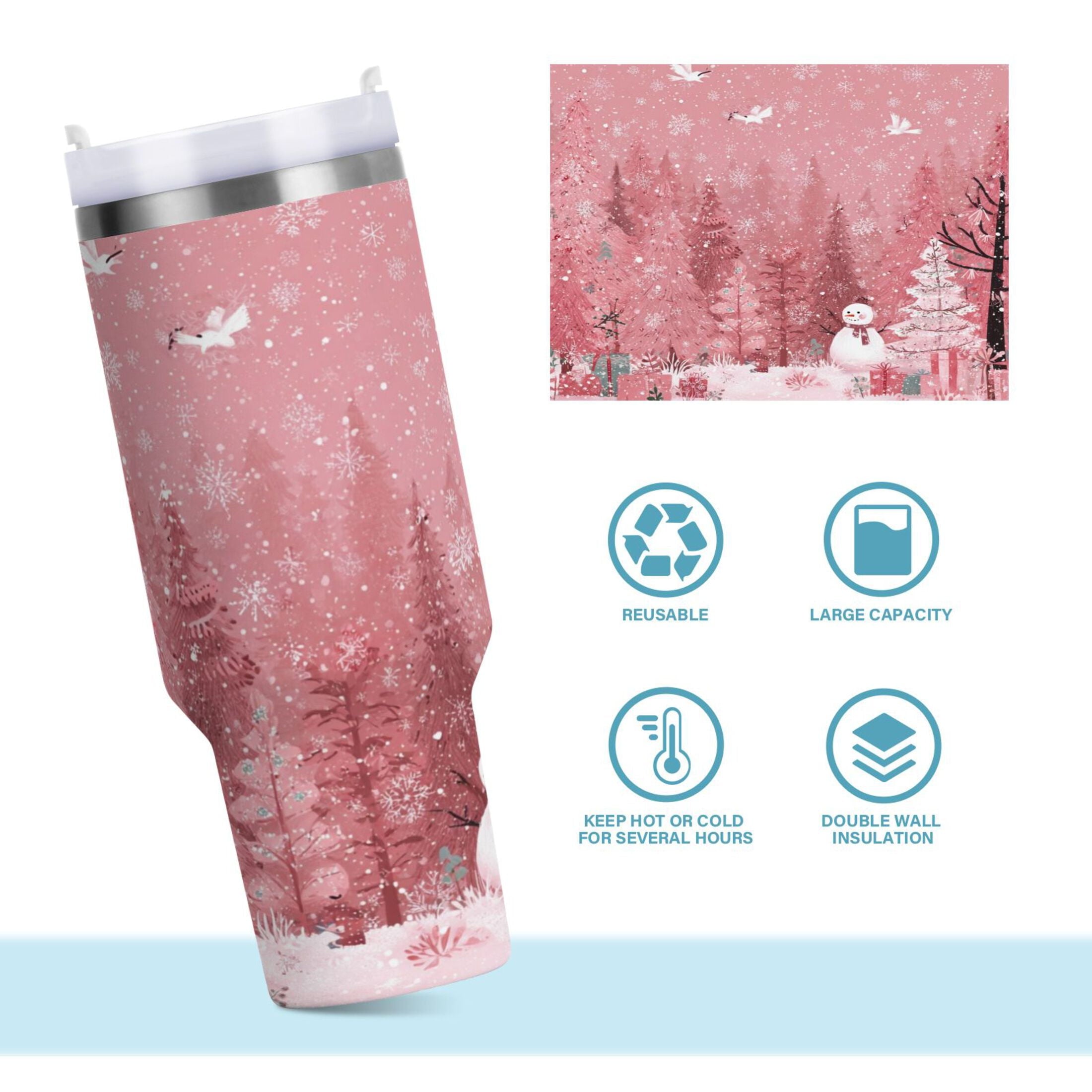 40 oz Insulated Stainless Steel Tumbler Double Wall Stainless Steel Tumbler with 2-Way Drinking Christmas Forest with Snowmen M428Y