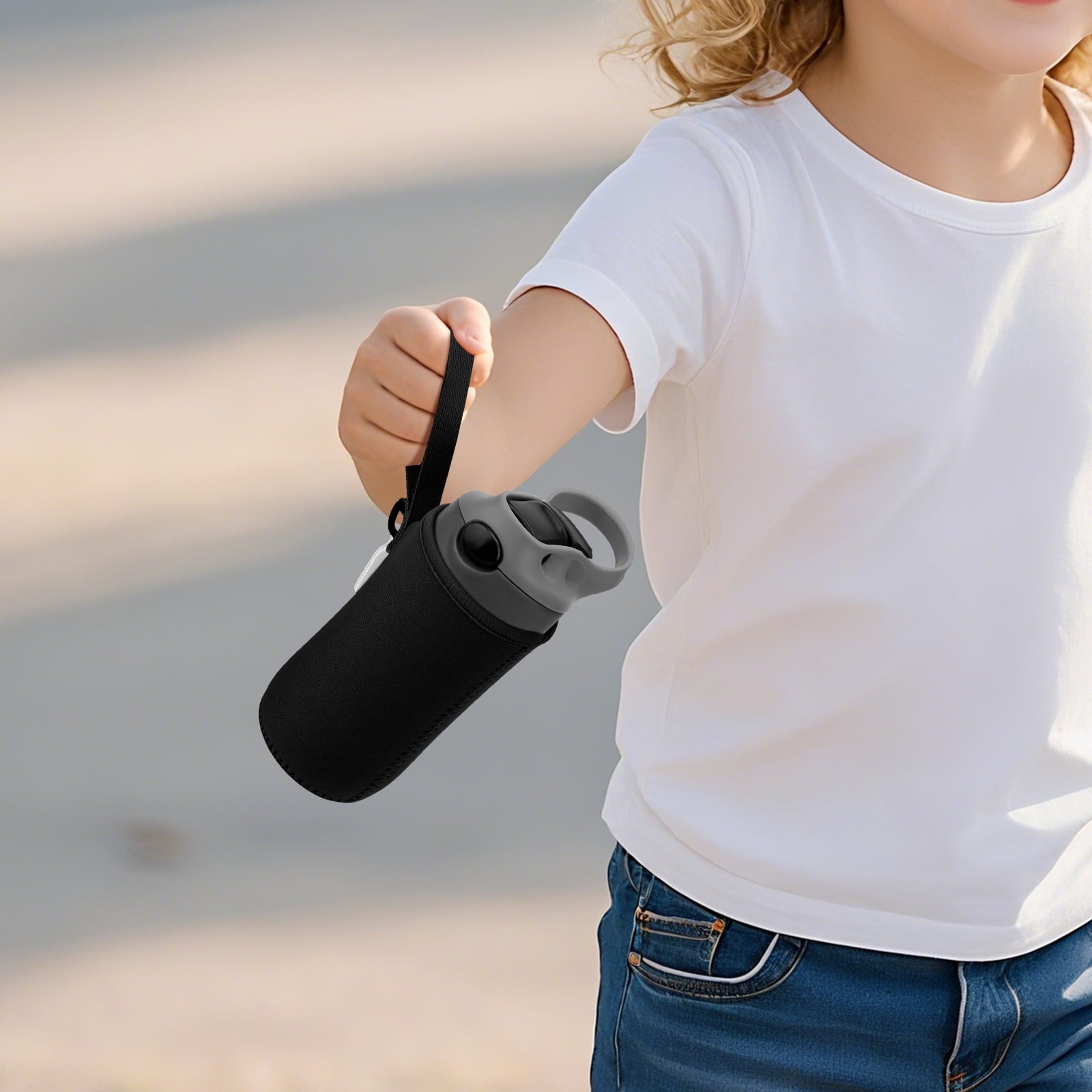 Linkidea Water Bottle Sleeve Compatible with Contigo Aubrey Tritan 14oz, Steel 13oz Kids Bottle, Waterbottle Holder Bag with Name Tag, Black M132G