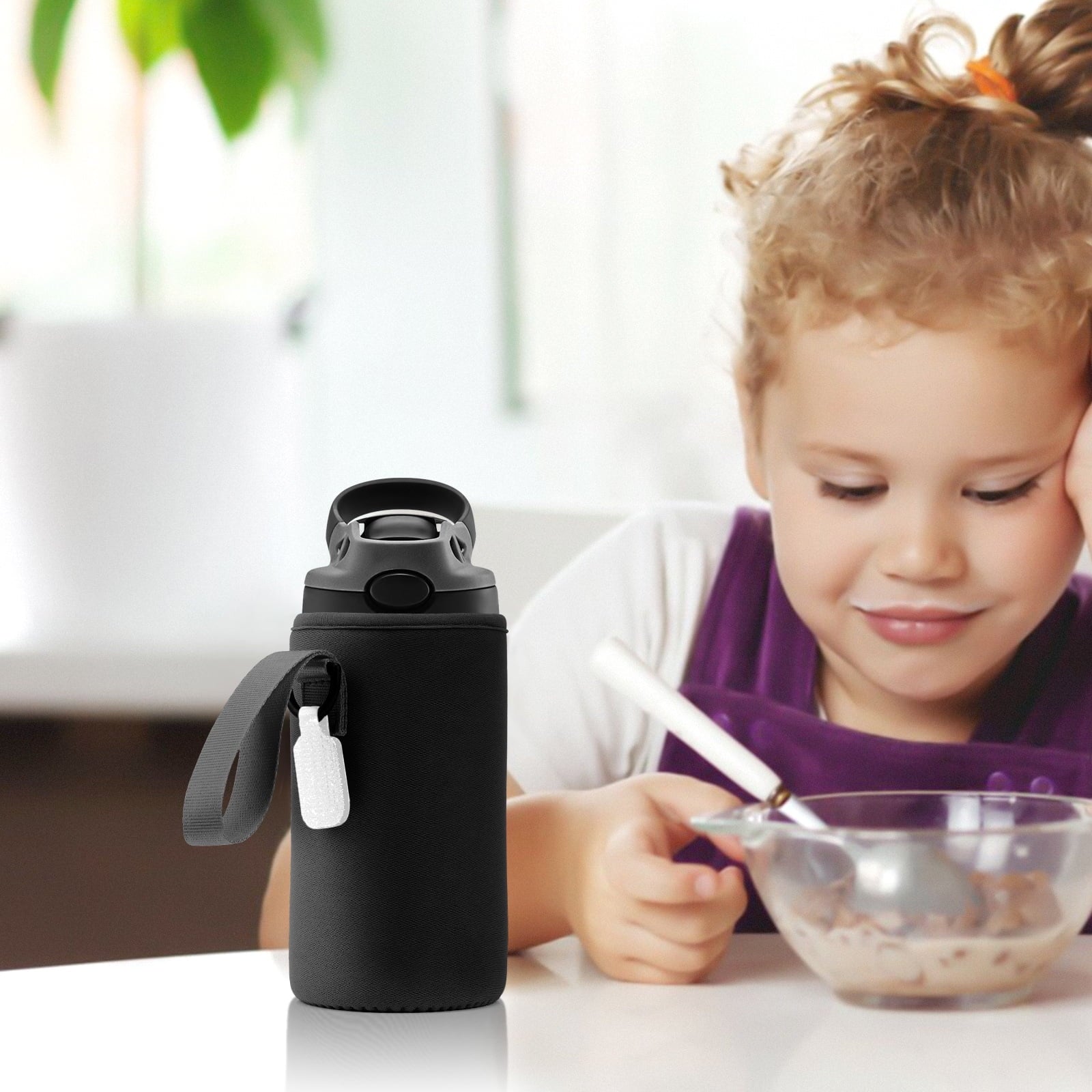 Linkidea Water Bottle Sleeve Compatible with Contigo Aubrey Tritan 14oz, Steel 13oz Kids Bottle, Waterbottle Holder Bag with Name Tag, Black M132G