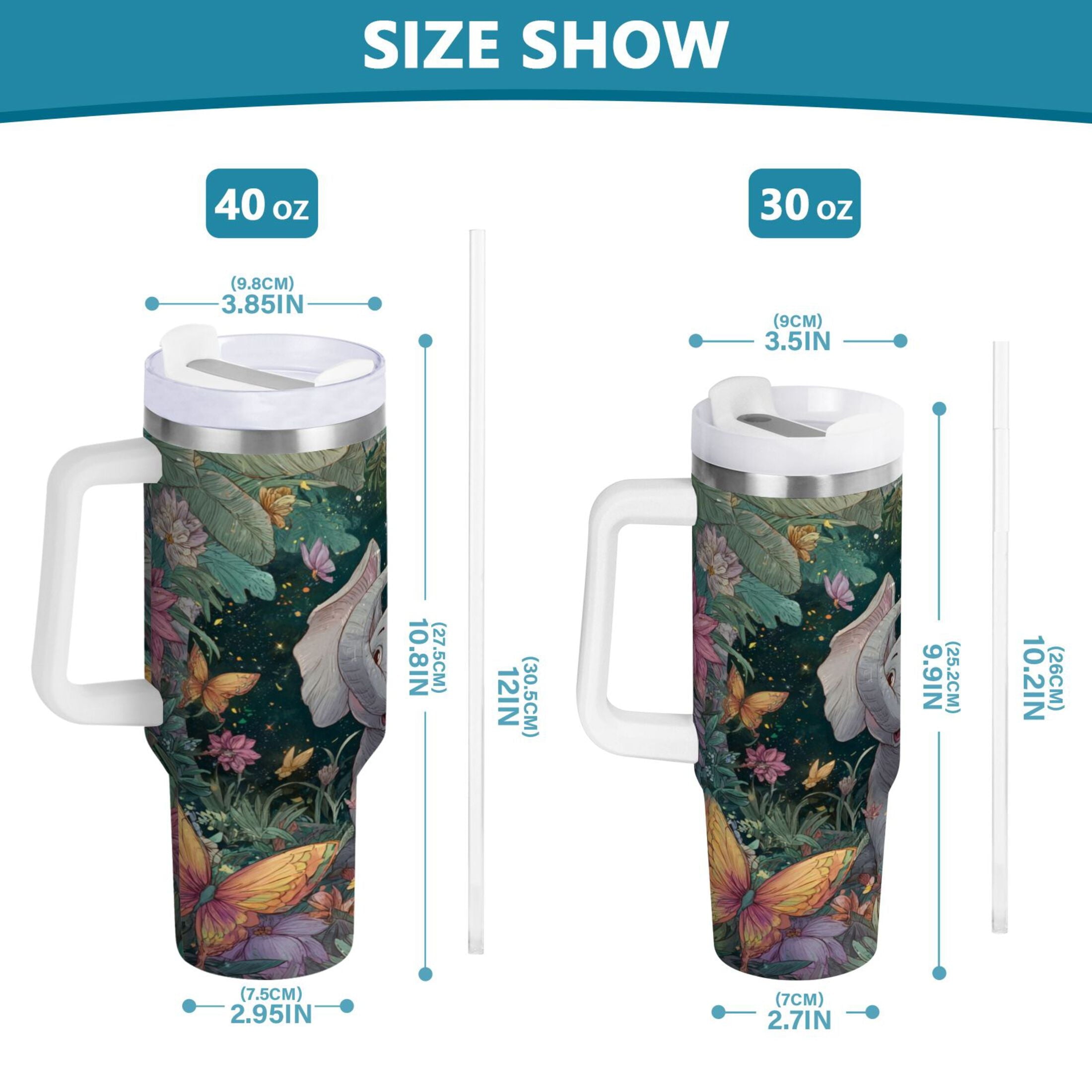 40 oz Insulated Stainless Steel Tumbler Double Wall Stainless Steel Tumbler with 2-Way Drinking Cute Elephant M460Z