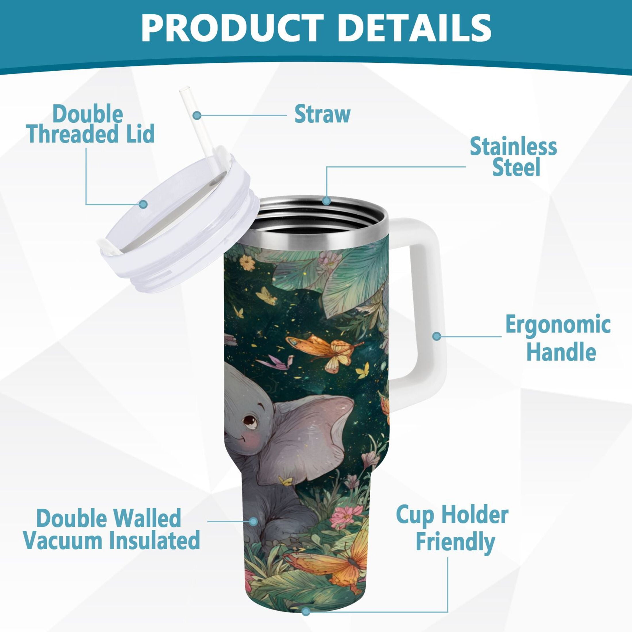 40 oz Insulated Stainless Steel Tumbler Double Wall Stainless Steel Tumbler with 2-Way Drinking Cute Elephant M460Z