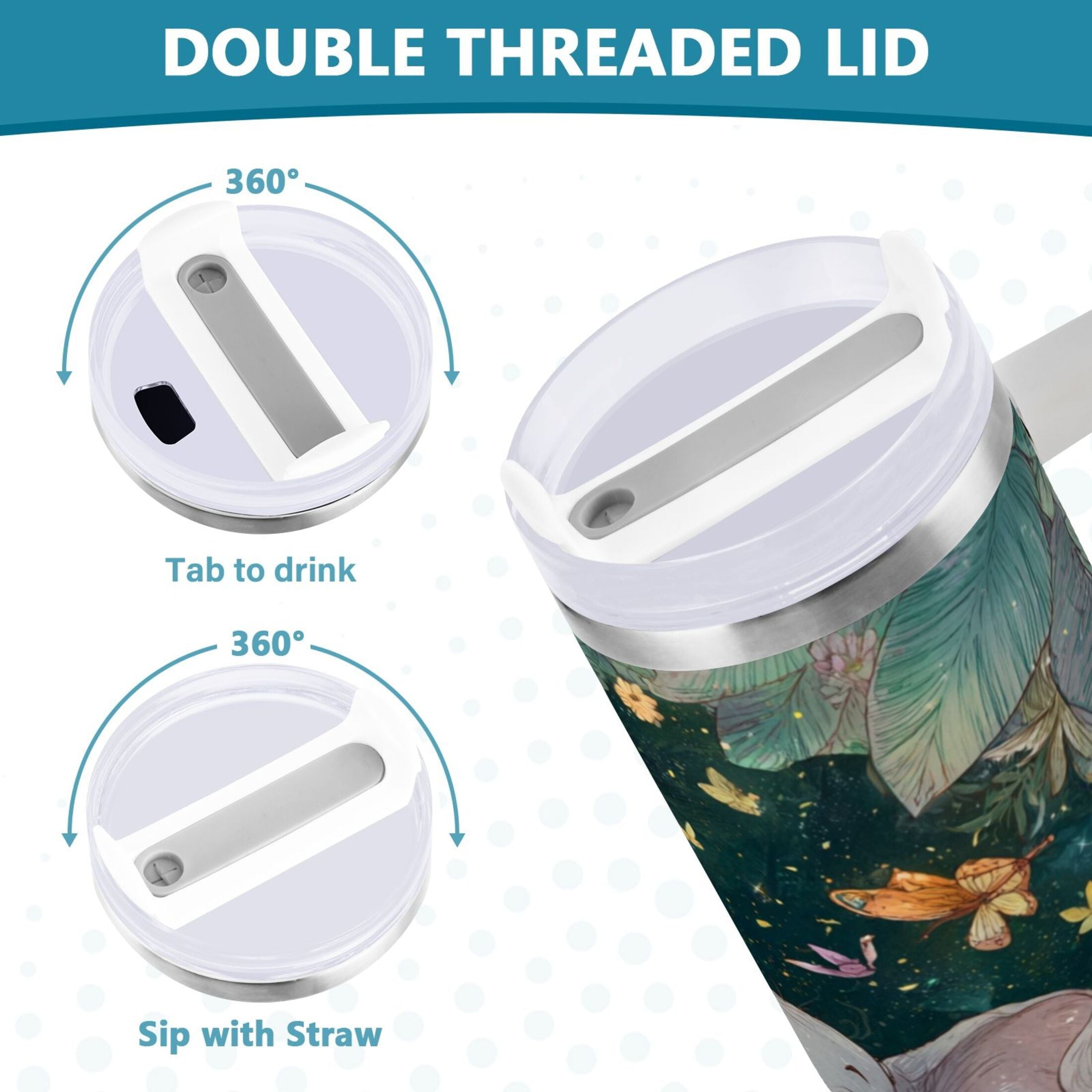 40 oz Insulated Stainless Steel Tumbler Double Wall Stainless Steel Tumbler with 2-Way Drinking Cute Elephant M460Z